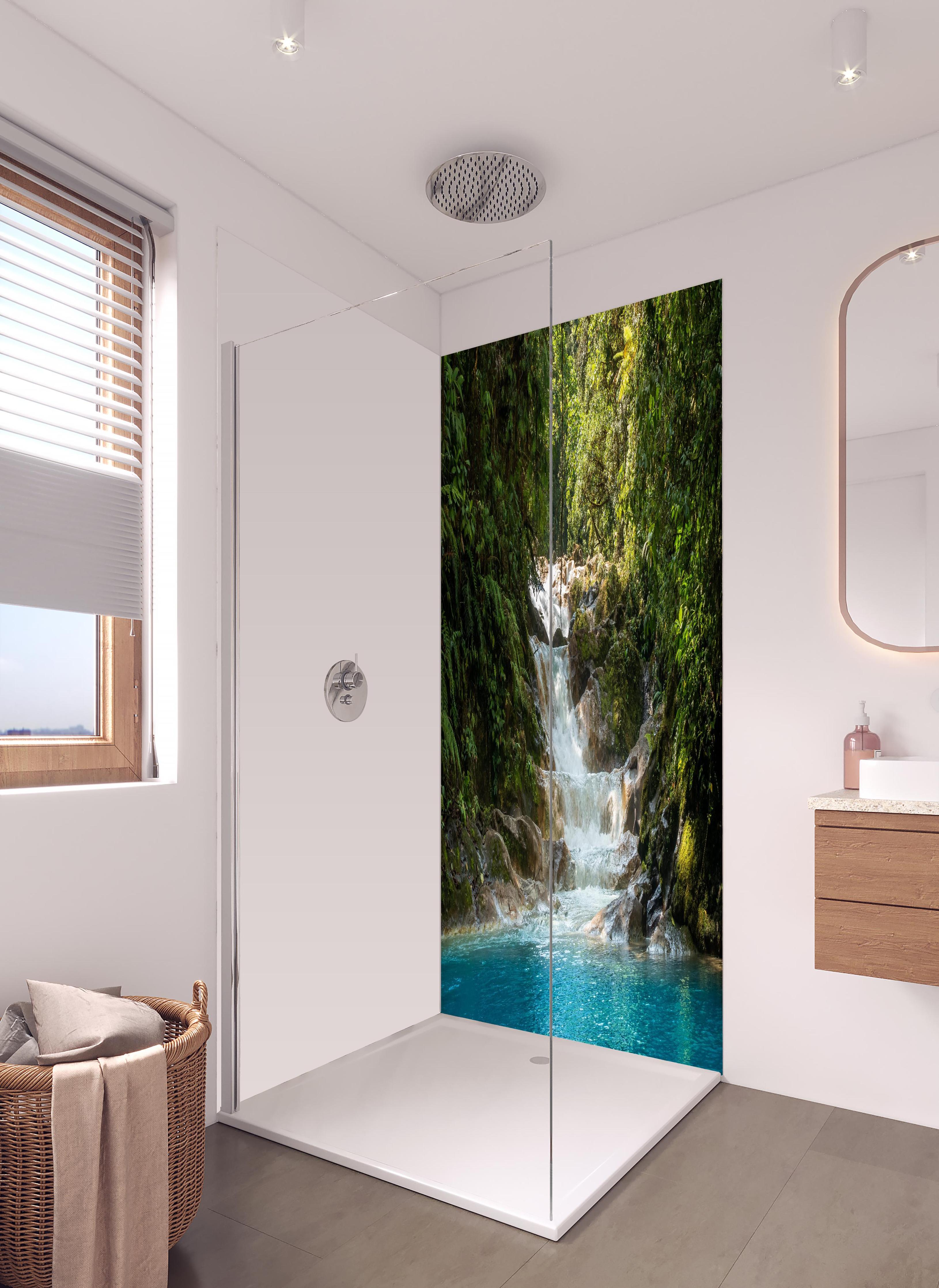 Duschrückwand - Sanfter Wasserfall im grünen Dschungel in hellem Badezimmer mit Regenduschkopf - zweiteilige Eck-Duschrückwand
