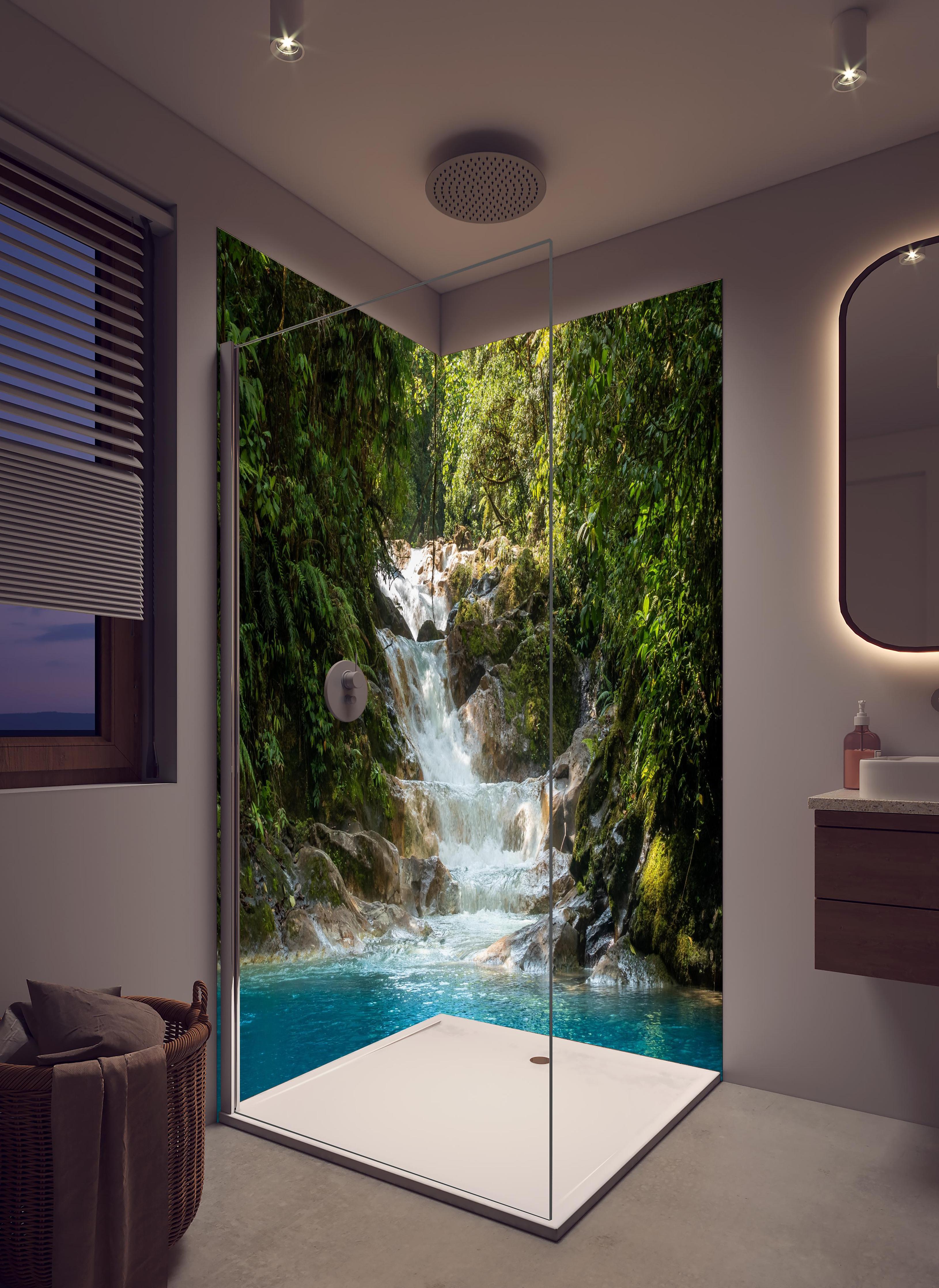 Duschrückwand - Sanfter Wasserfall im grünen Dschungel in hellem Badezimmer mit Regenduschkopf - zweiteilige Eck-Duschrückwand