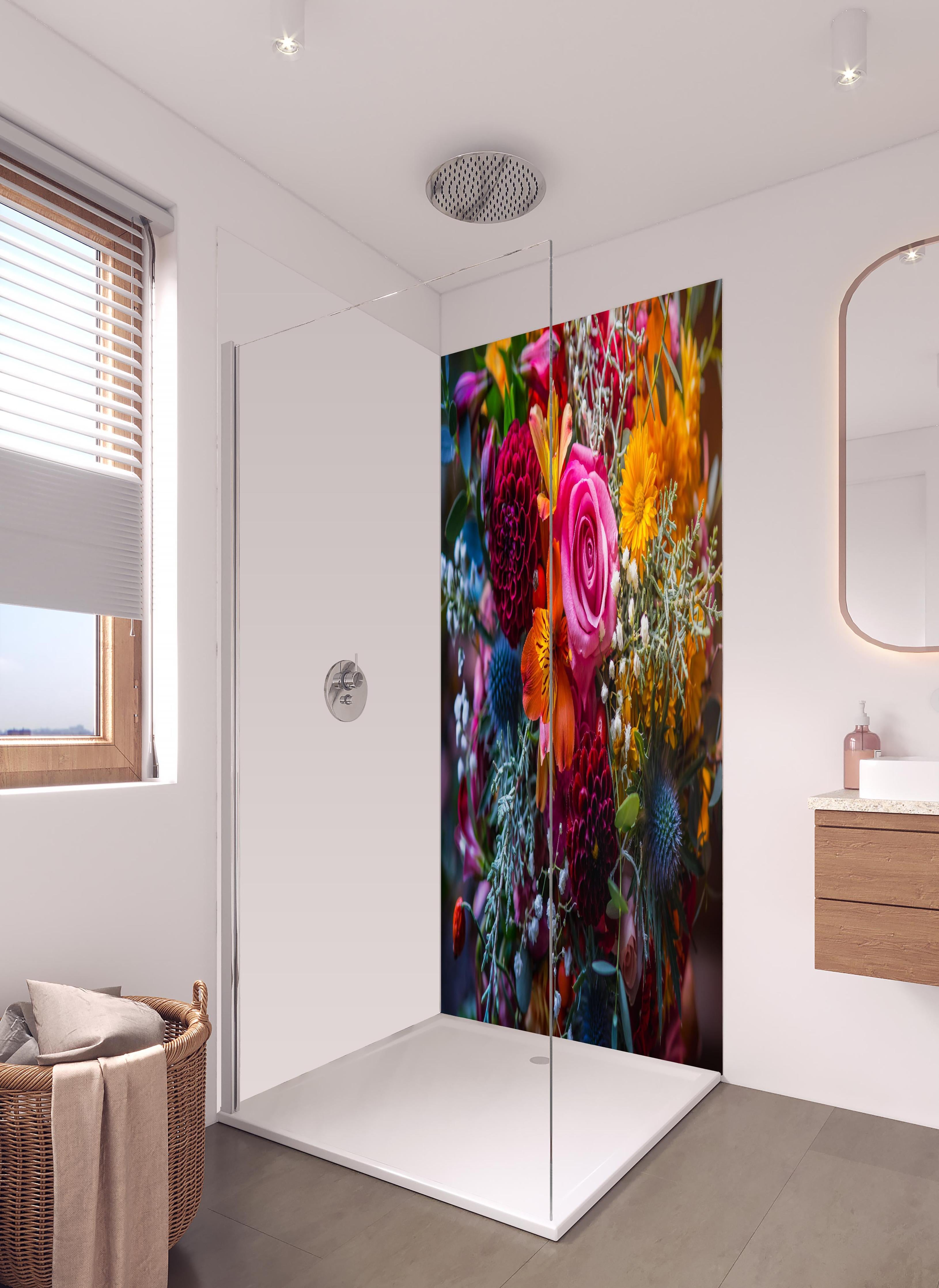Duschrückwand - Satter bunter Blumenstrauß in hellem Badezimmer mit Regenduschkopf - zweiteilige Eck-Duschrückwand