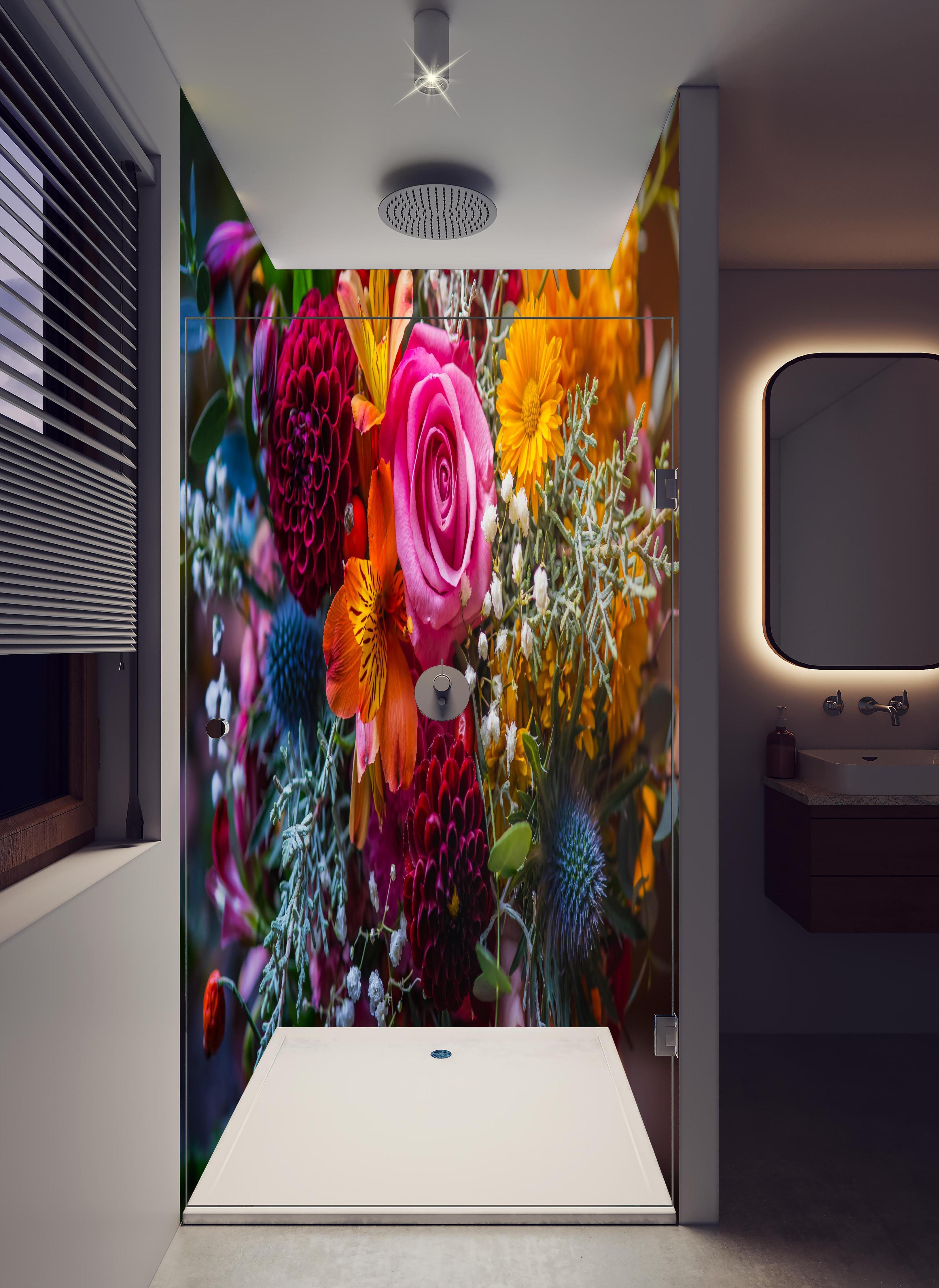Duschrückwand - Satter bunter Blumenstrauß in hellem Badezimmer mit Regenduschkopf - zweiteilige Eck-Duschrückwand