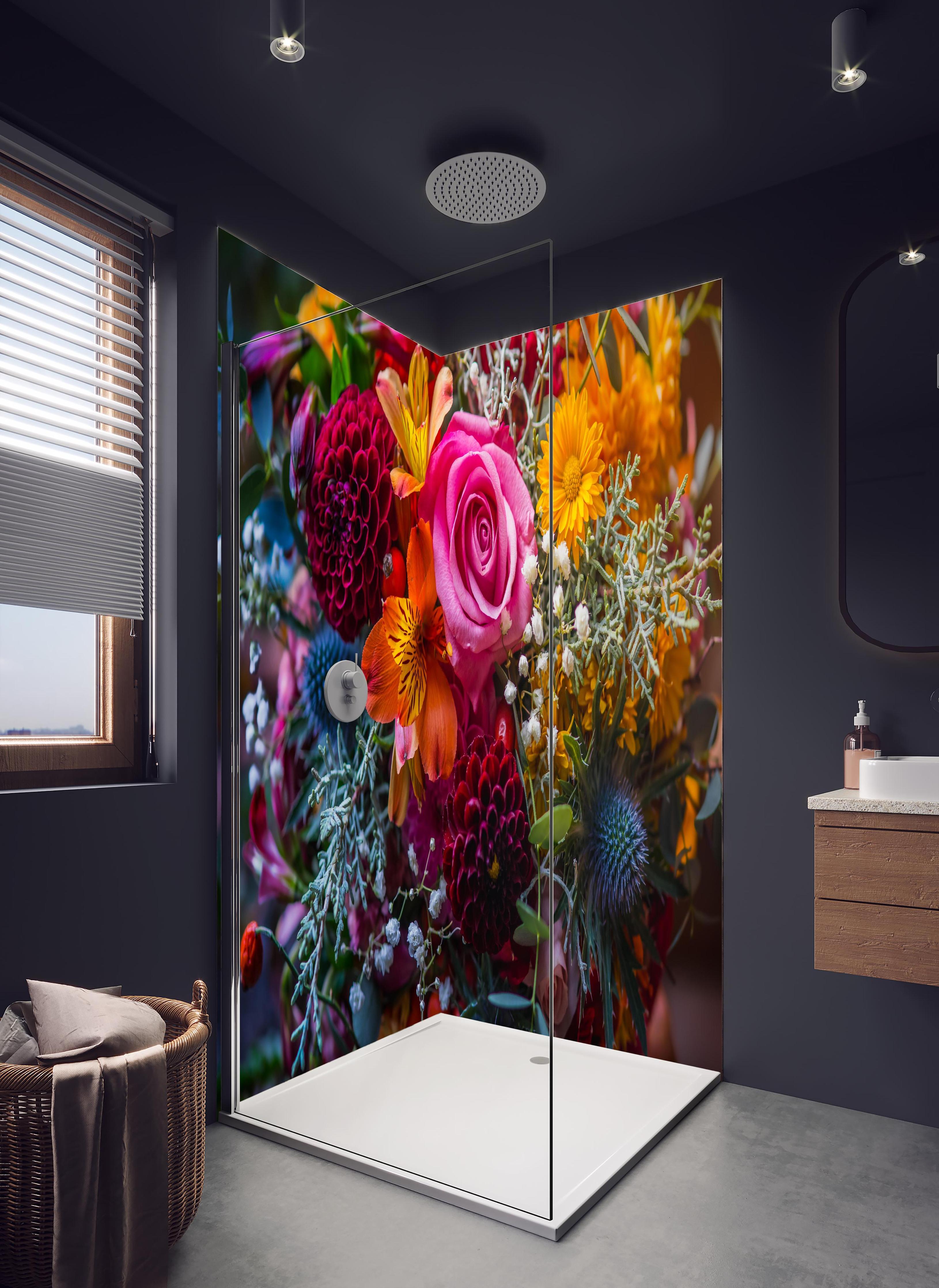 Duschrückwand - Satter bunter Blumenstrauß in hellem Badezimmer mit Regenduschkopf - zweiteilige Eck-Duschrückwand