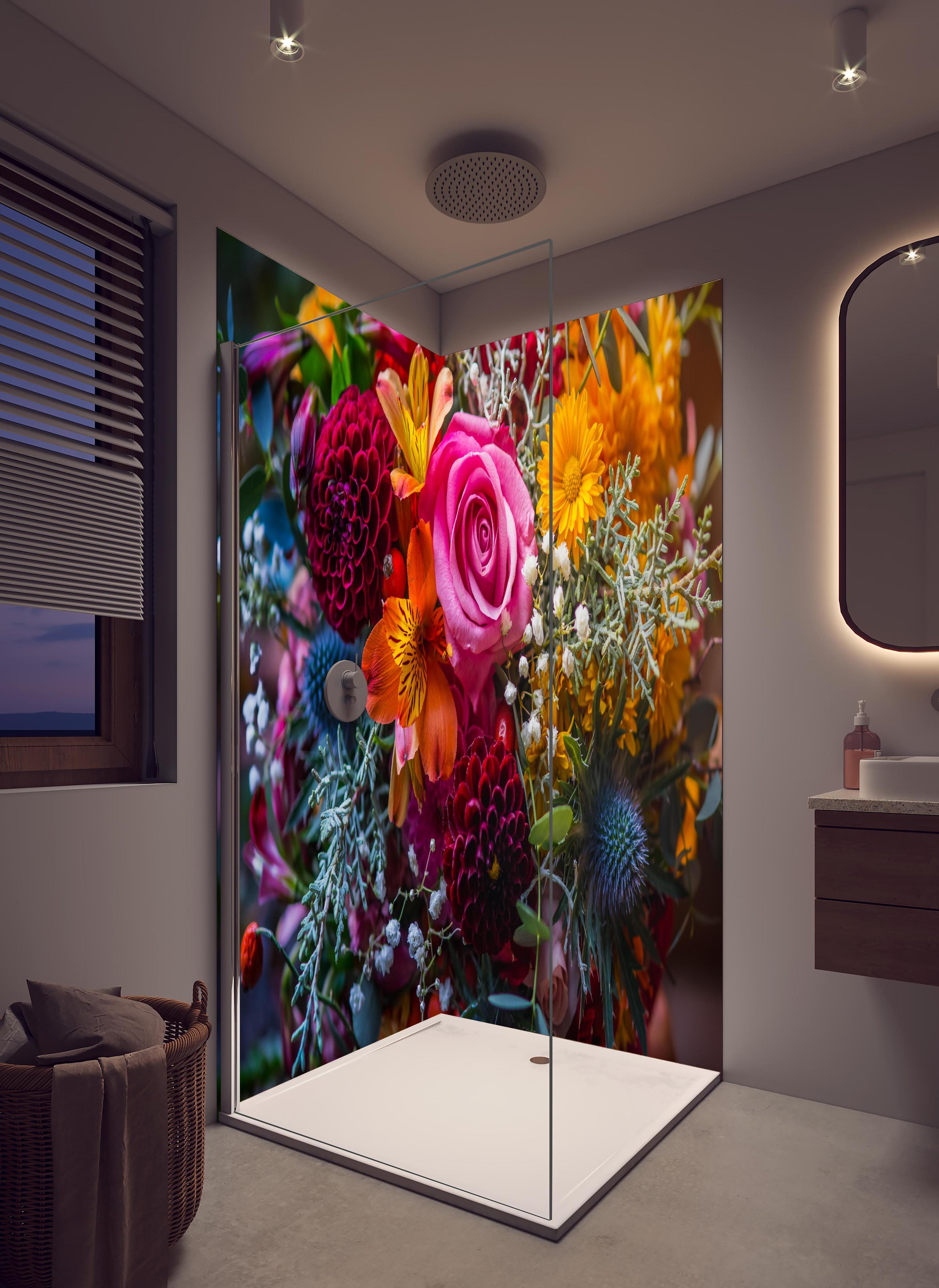 Duschrückwand - Satter bunter Blumenstrauß in hellem Badezimmer mit Regenduschkopf - zweiteilige Eck-Duschrückwand