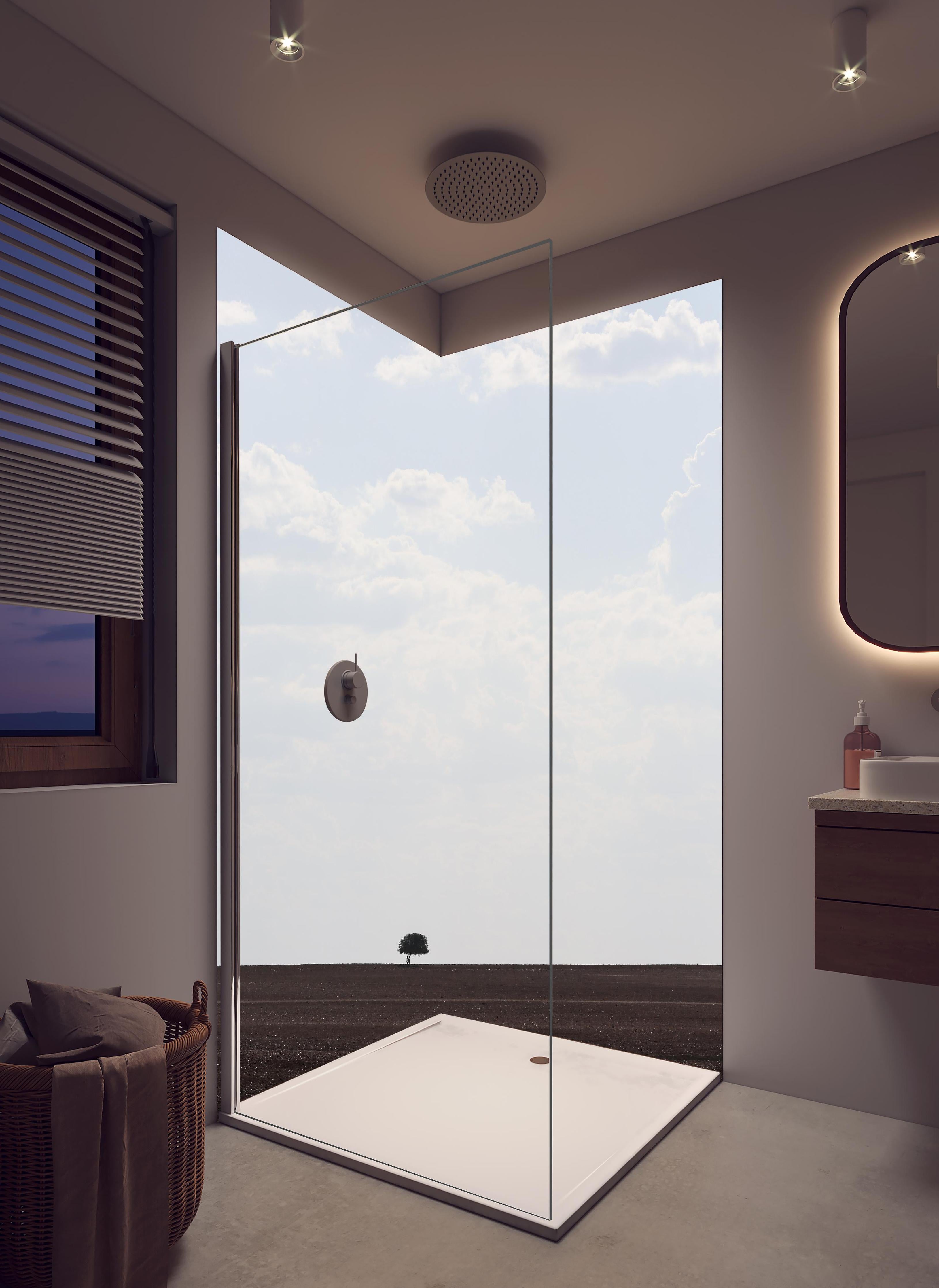 Duschrückwand - Savannen-Landschaft mit einsamem Baum in hellem Badezimmer mit Regenduschkopf - zweiteilige Eck-Duschrückwand