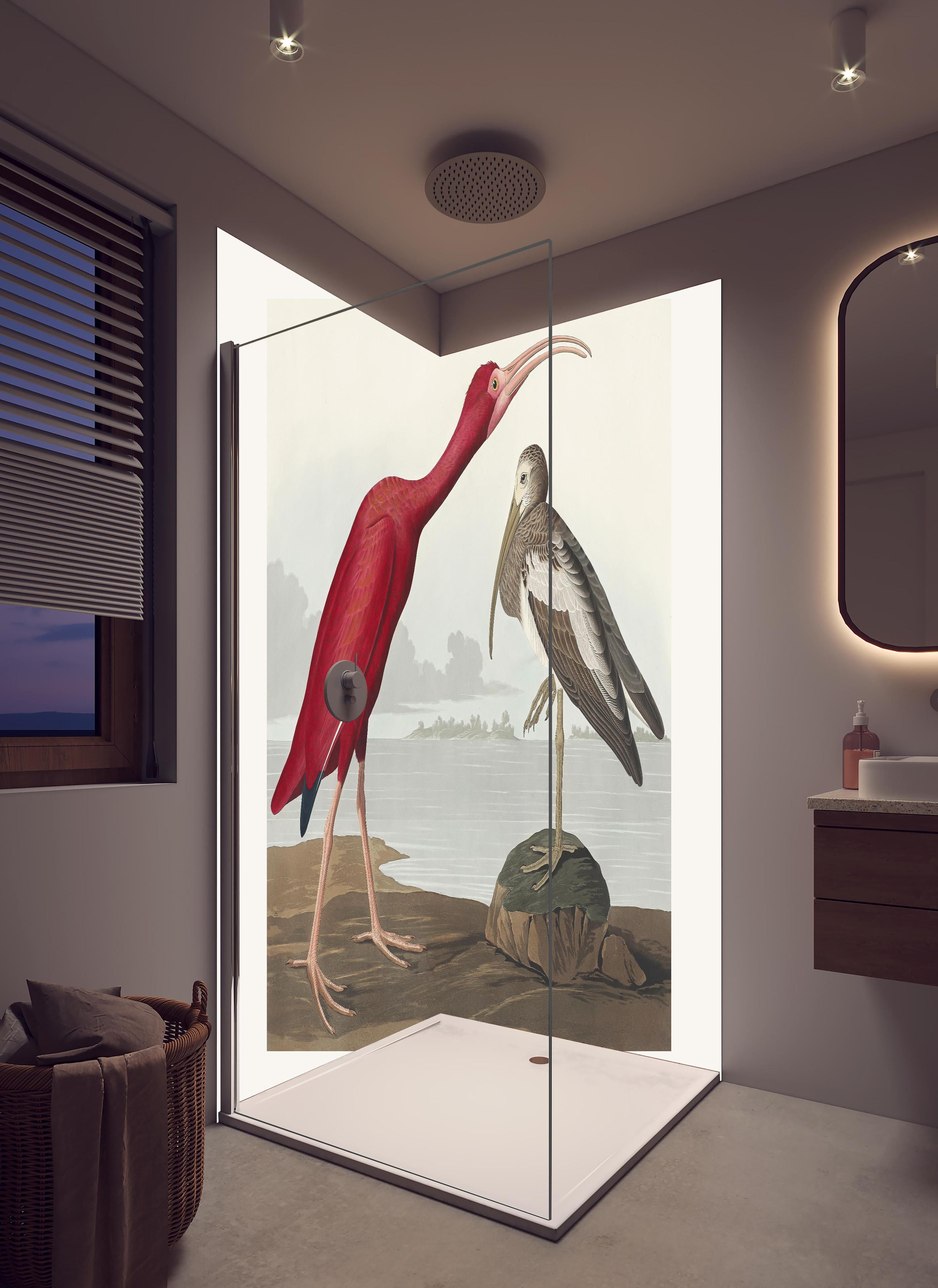 Duschrückwand - Scharlachsichler Portrait - John James Audubon in hellem Badezimmer mit Regenduschkopf - zweiteilige Eck-Duschrückwand