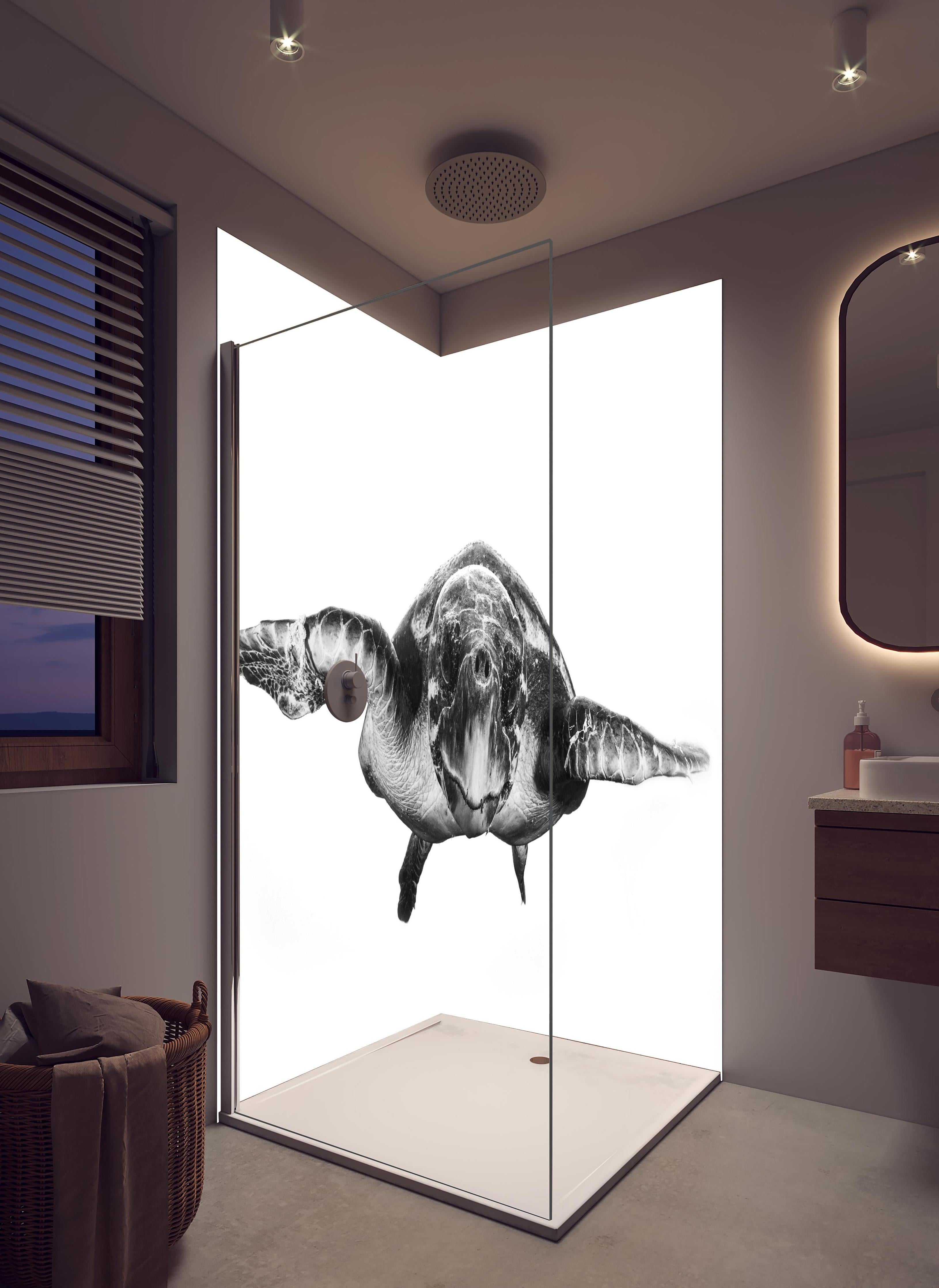 Duschrückwand - Schildkröte in hellem Badezimmer mit Regenduschkopf - zweiteilige Eck-Duschrückwand