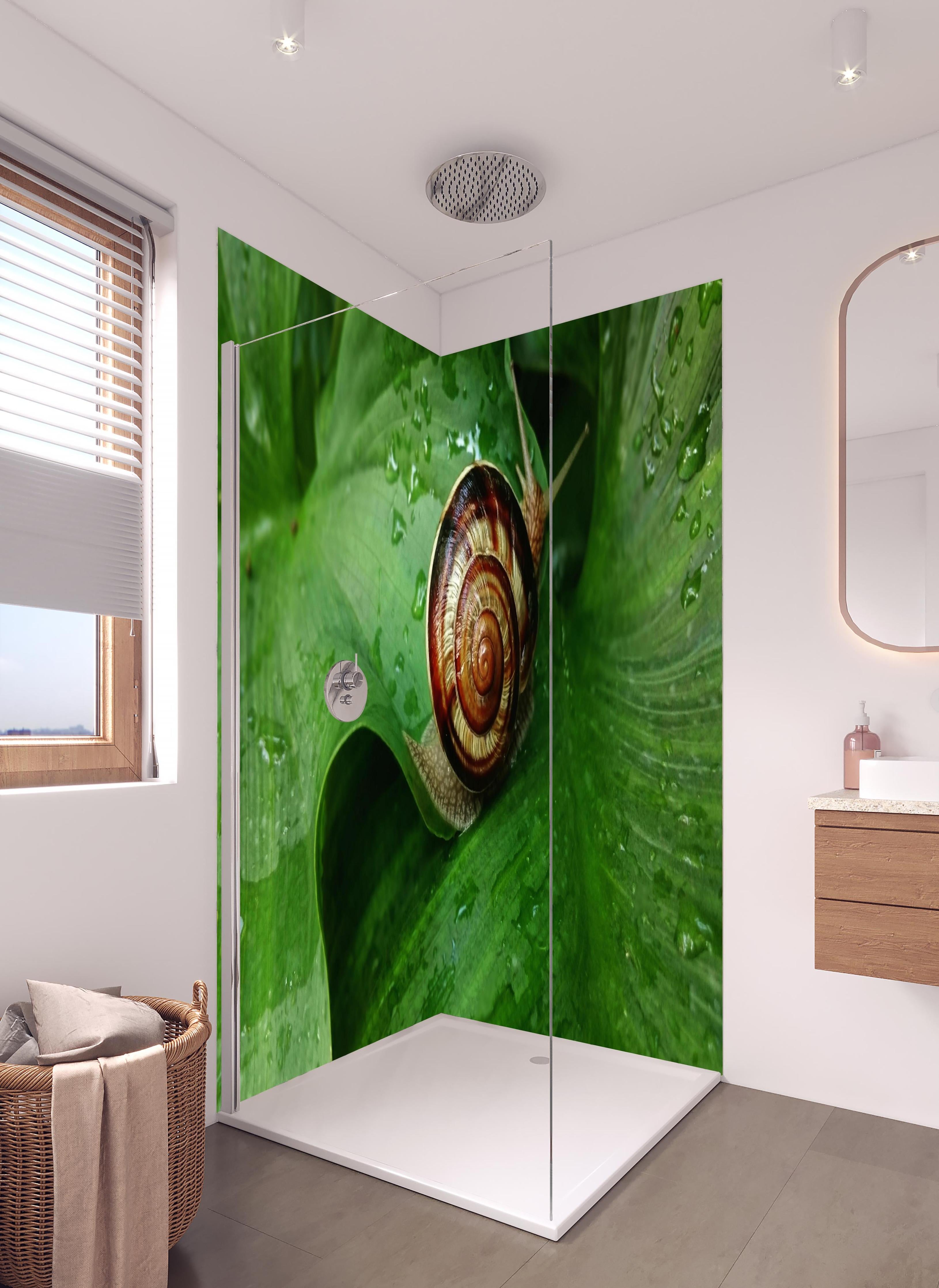 Duschrückwand - Schnecke auf einem nassen Blatt in hellem Badezimmer mit Regenduschkopf - zweiteilige Eck-Duschrückwand
