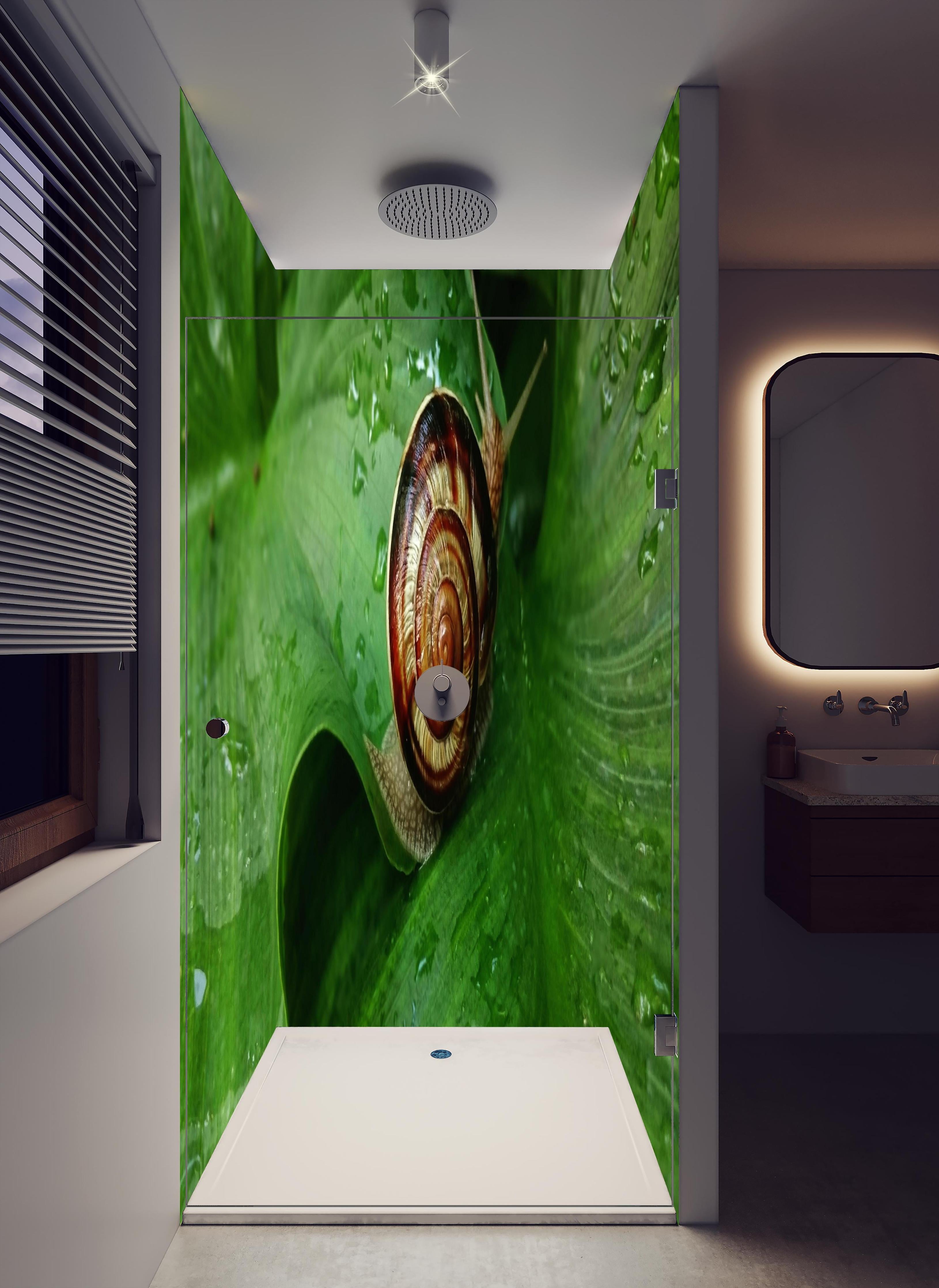 Duschrückwand - Schnecke auf einem nassen Blatt in hellem Badezimmer mit Regenduschkopf - zweiteilige Eck-Duschrückwand