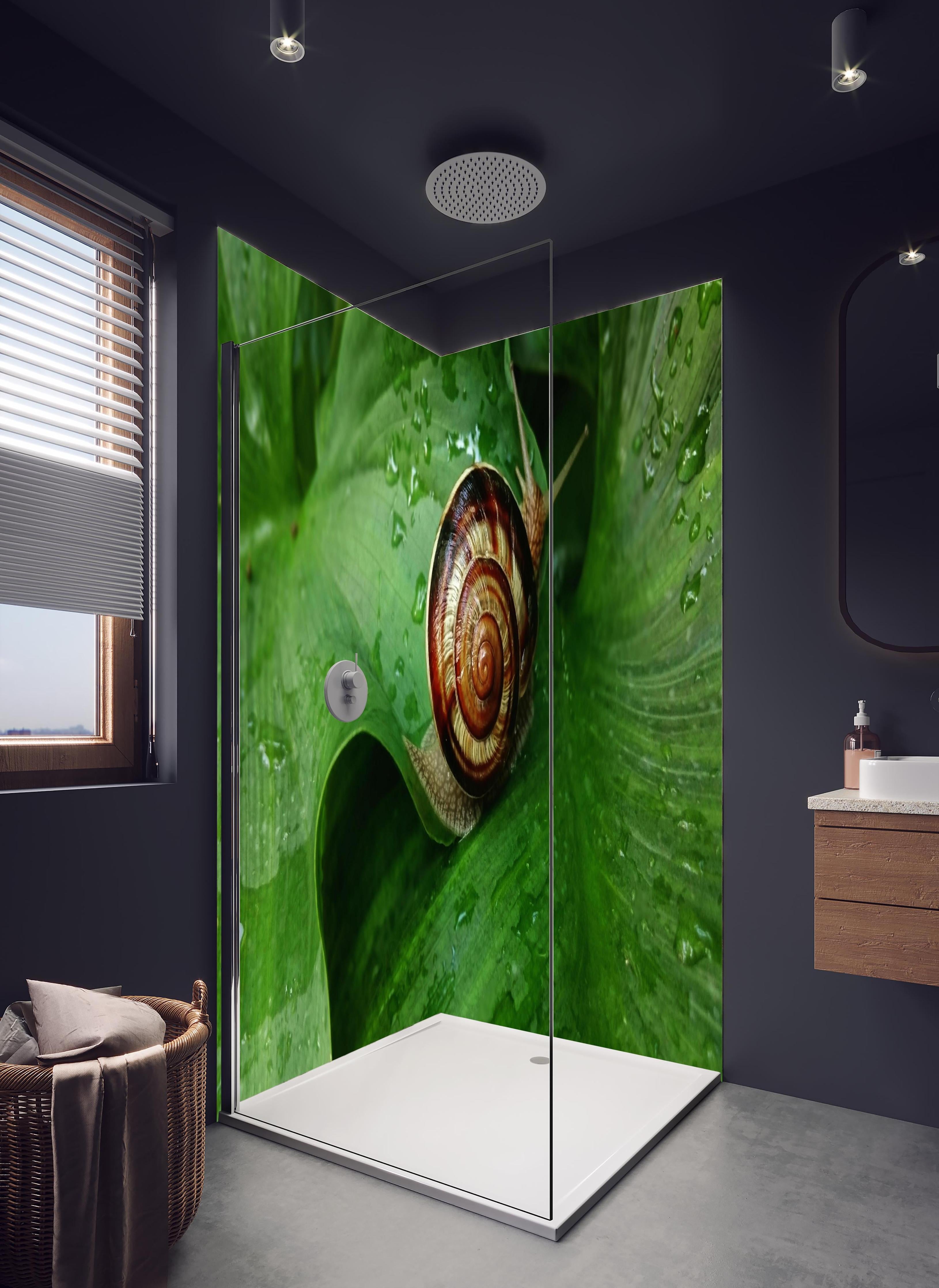 Duschrückwand - Schnecke auf einem nassen Blatt in hellem Badezimmer mit Regenduschkopf - zweiteilige Eck-Duschrückwand