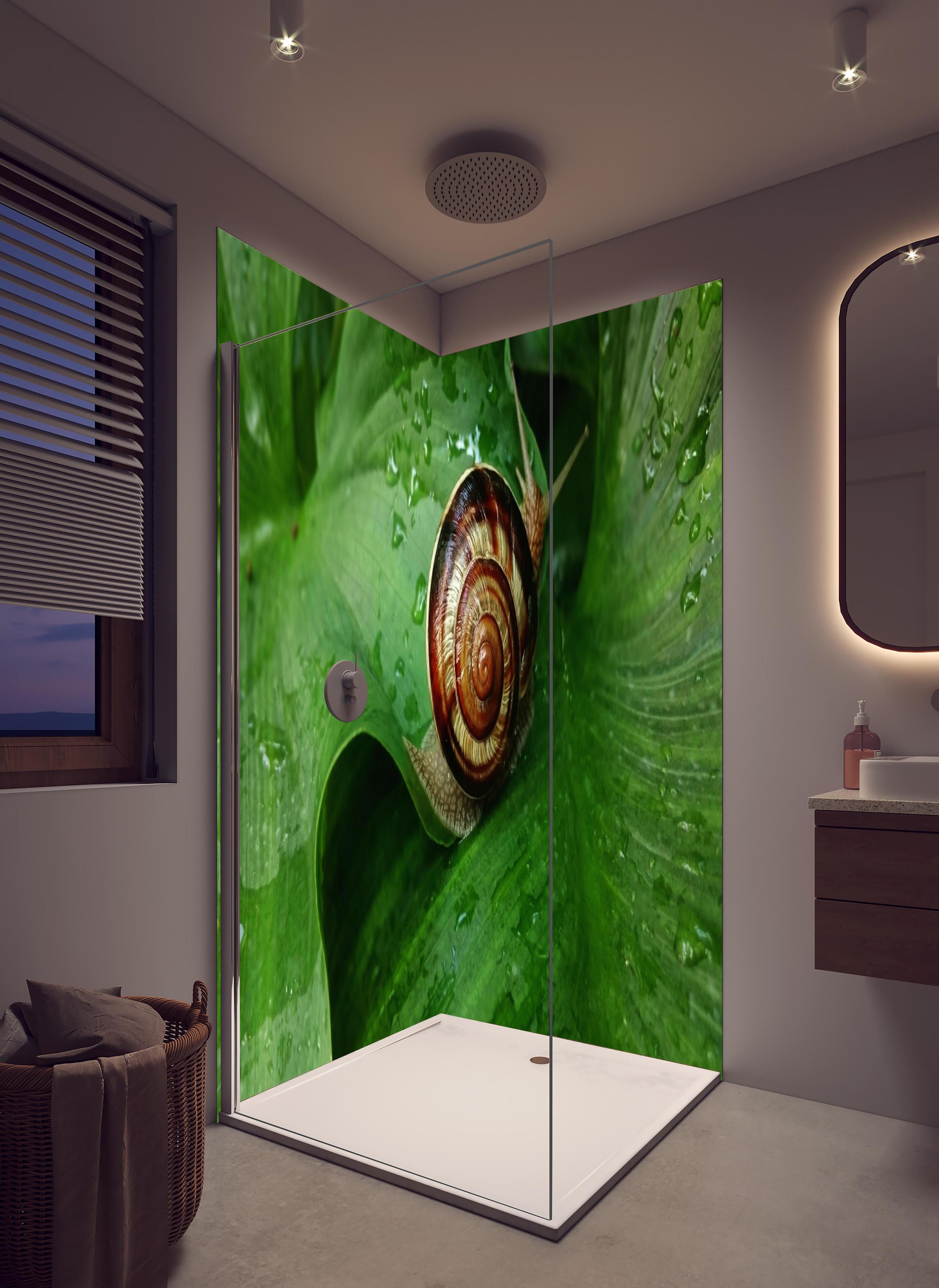Duschrückwand - Schnecke auf einem nassen Blatt in hellem Badezimmer mit Regenduschkopf - zweiteilige Eck-Duschrückwand
