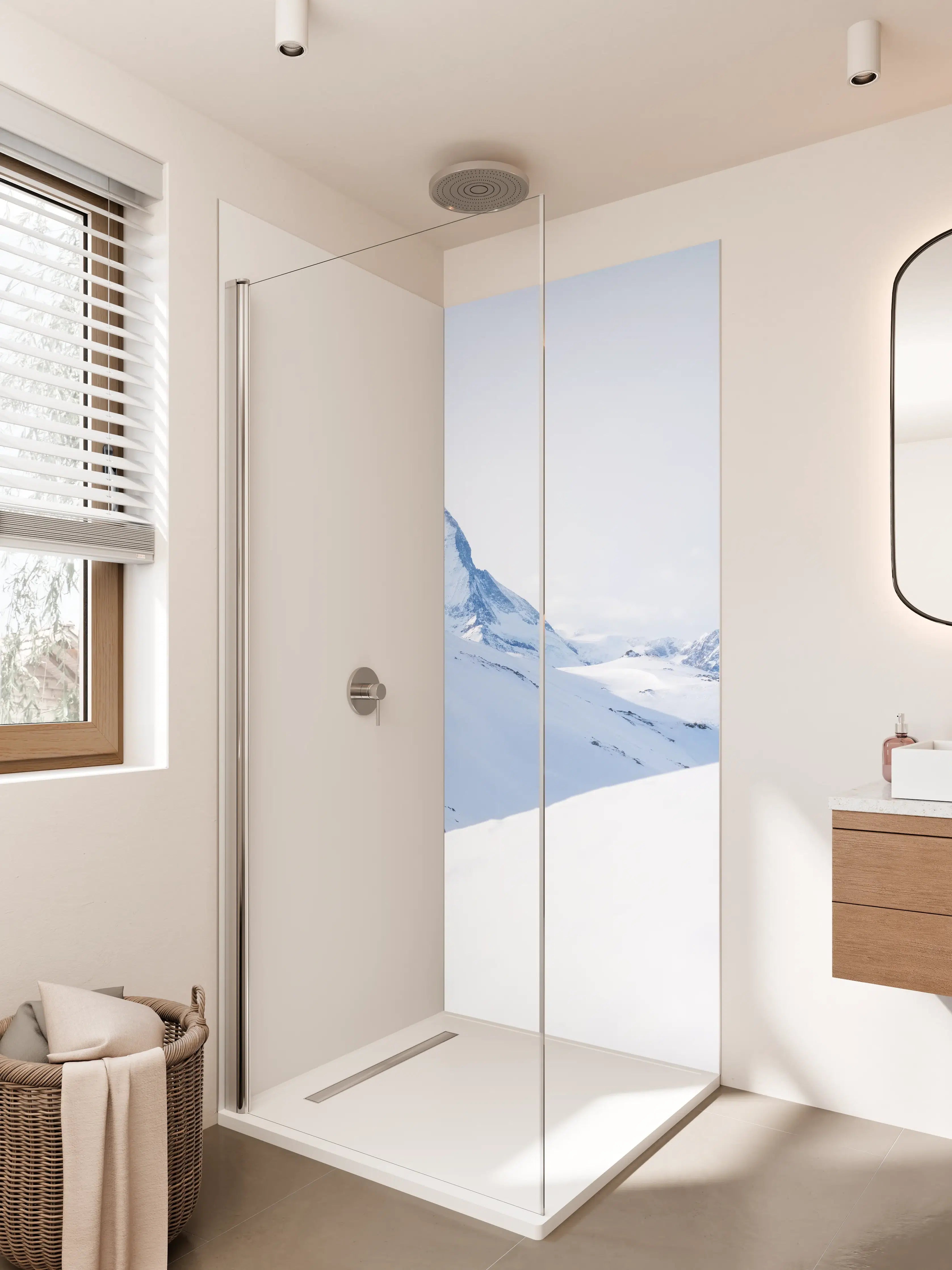 Duschrückwand - Schneebedeckte Berglandschaft im Winter