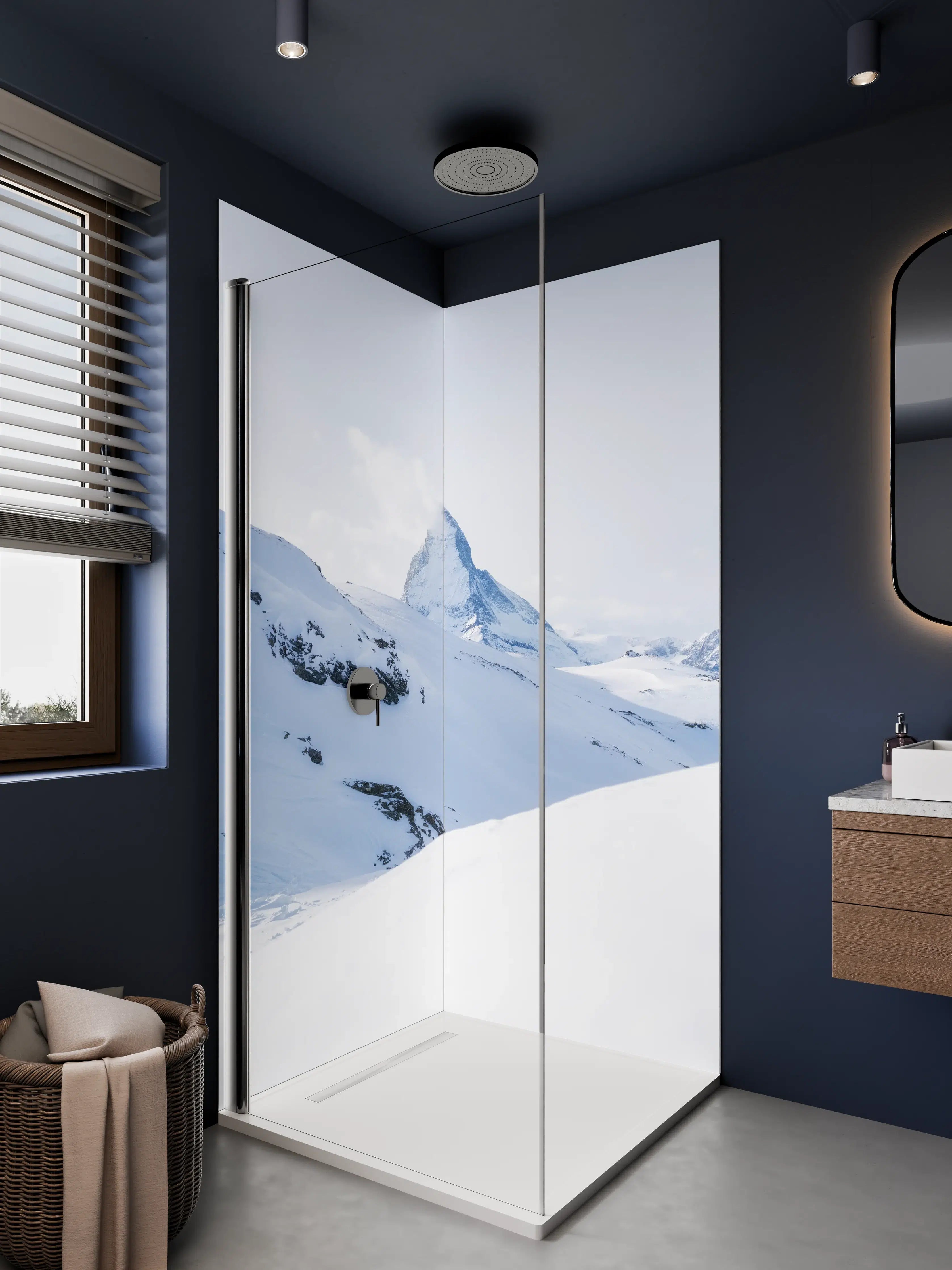 Duschrückwand - Schneebedeckte Berglandschaft im Winter