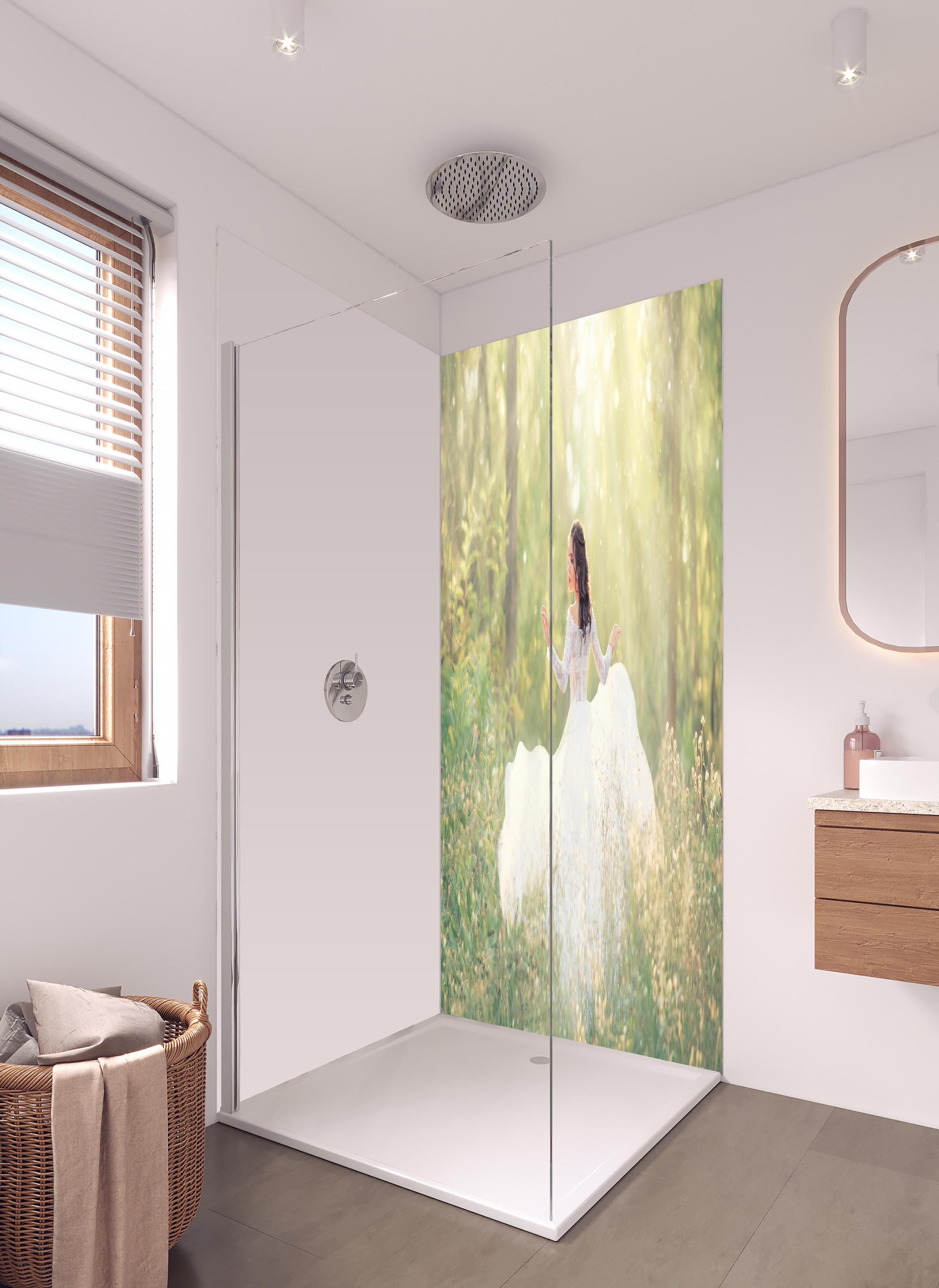 Duschrückwand - Schöne Braut im Wald in hellem Badezimmer mit Regenduschkopf - zweiteilige Eck-Duschrückwand