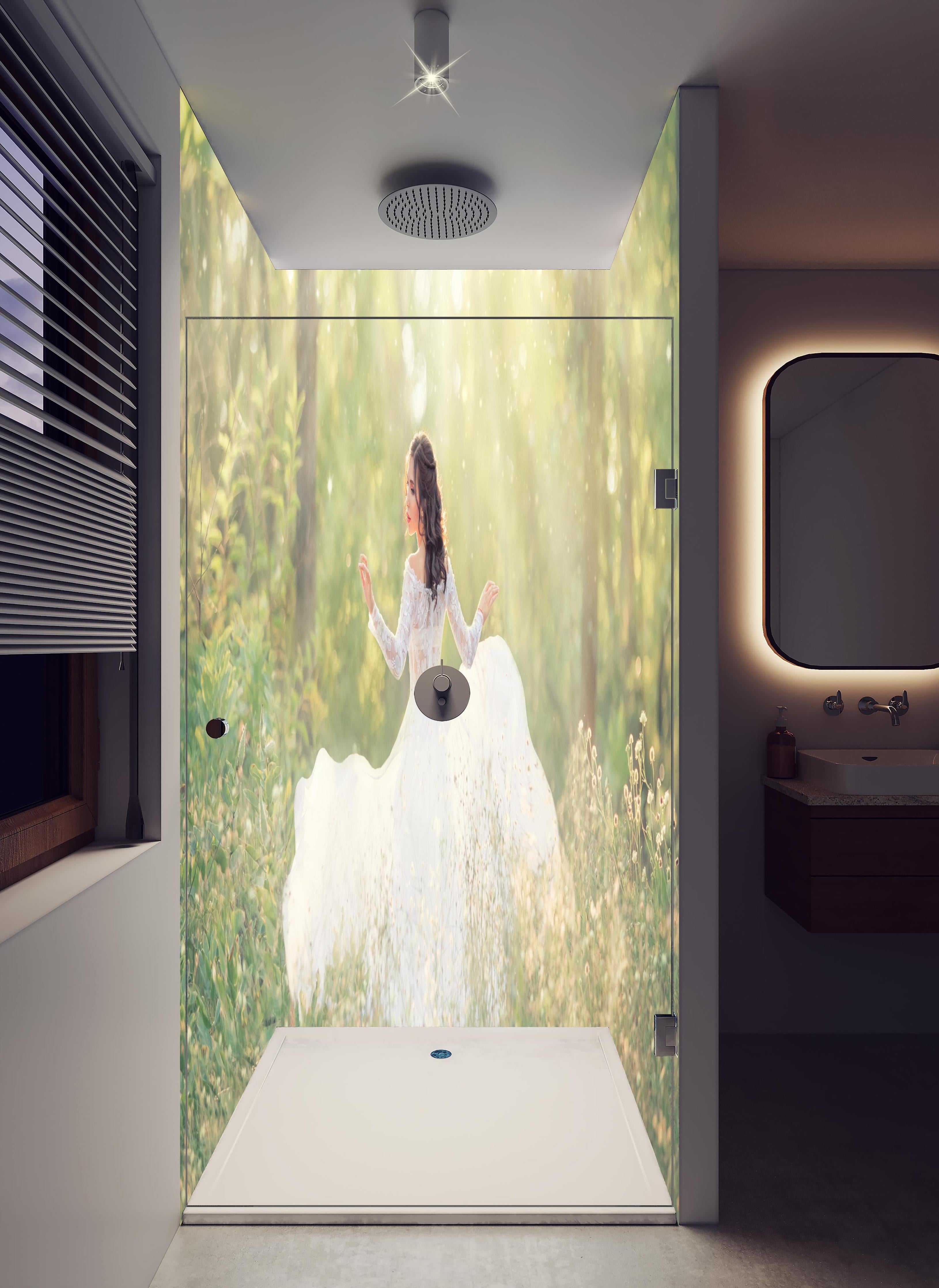 Duschrückwand - Schöne Braut im Wald in hellem Badezimmer mit Regenduschkopf - zweiteilige Eck-Duschrückwand