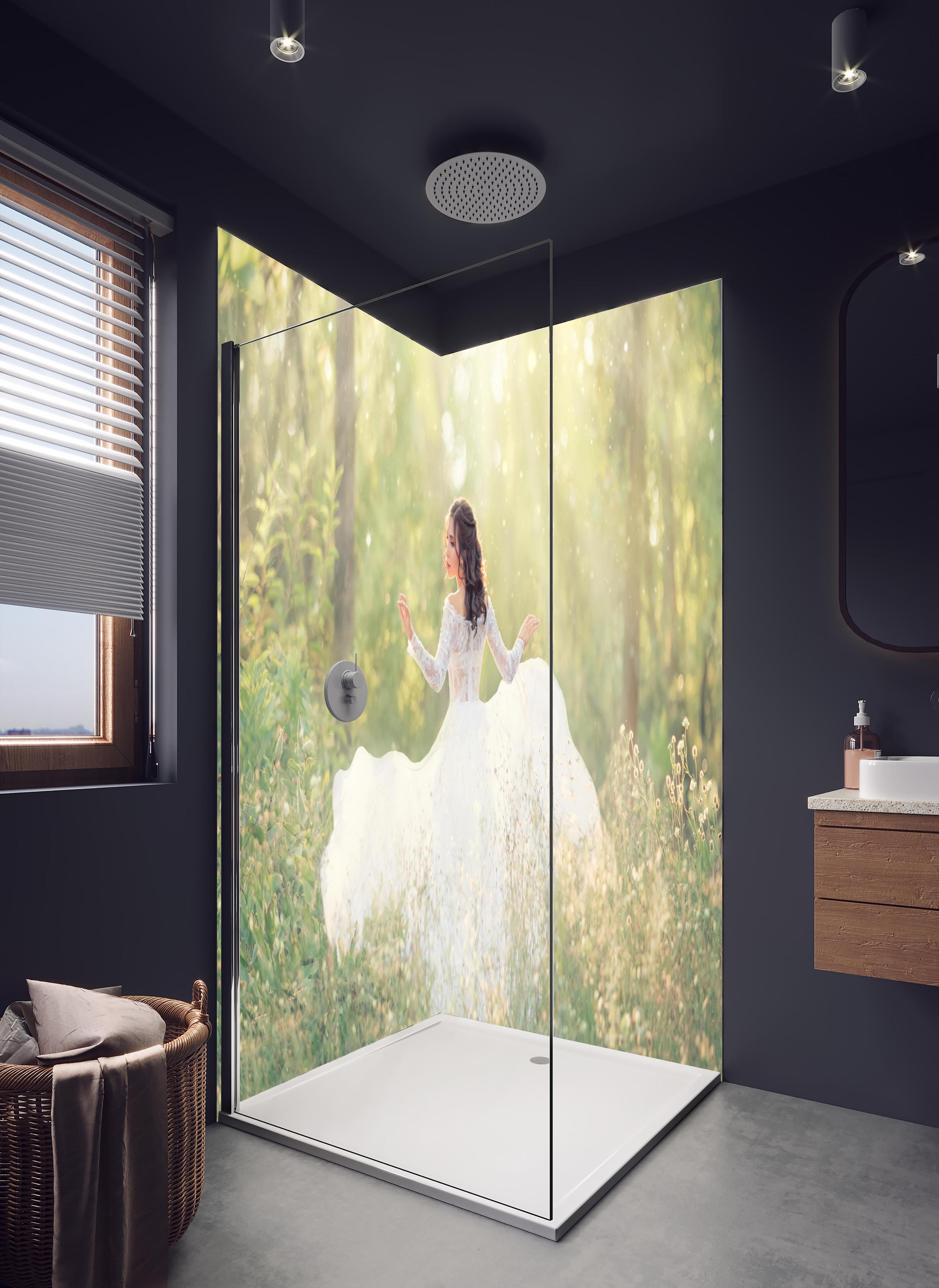 Duschrückwand - Schöne Braut im Wald in hellem Badezimmer mit Regenduschkopf - zweiteilige Eck-Duschrückwand