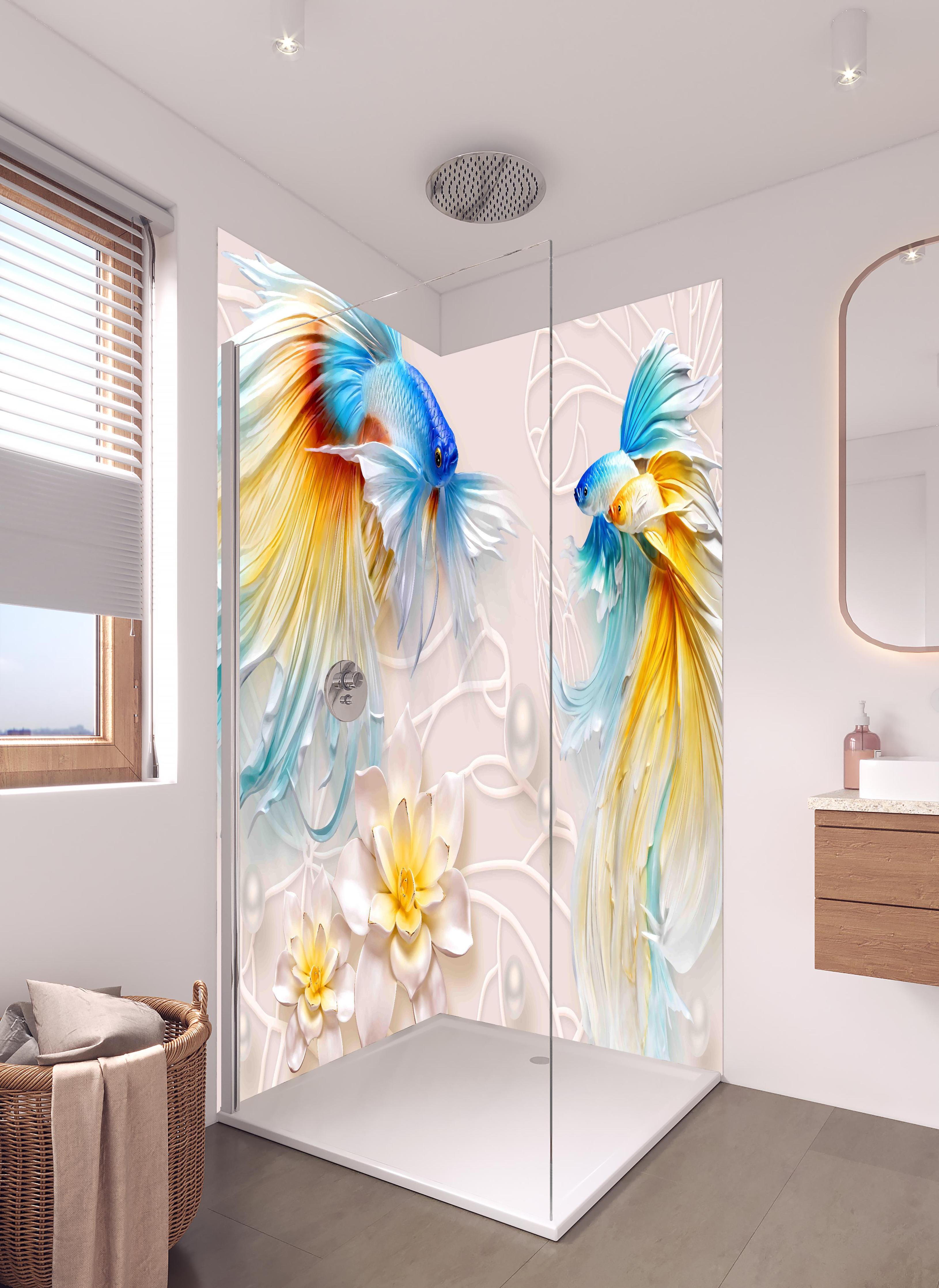 Duschrückwand - Schöne Fische auf Rosa Hintergrund in hellem Badezimmer mit Regenduschkopf - zweiteilige Eck-Duschrückwand