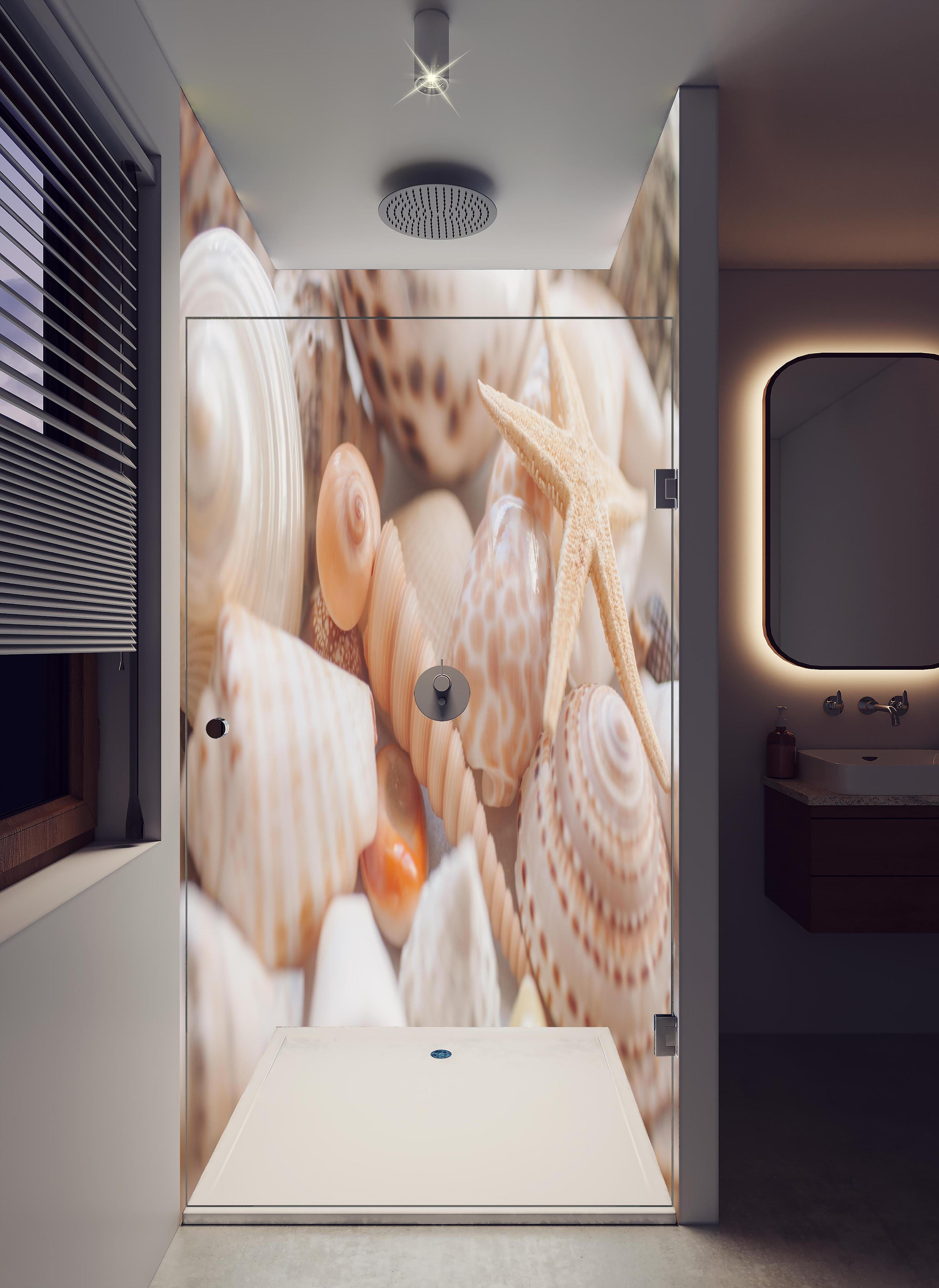 Duschrückwand - Schöne Muschelsammlung in hellem Badezimmer mit Regenduschkopf - zweiteilige Eck-Duschrückwand