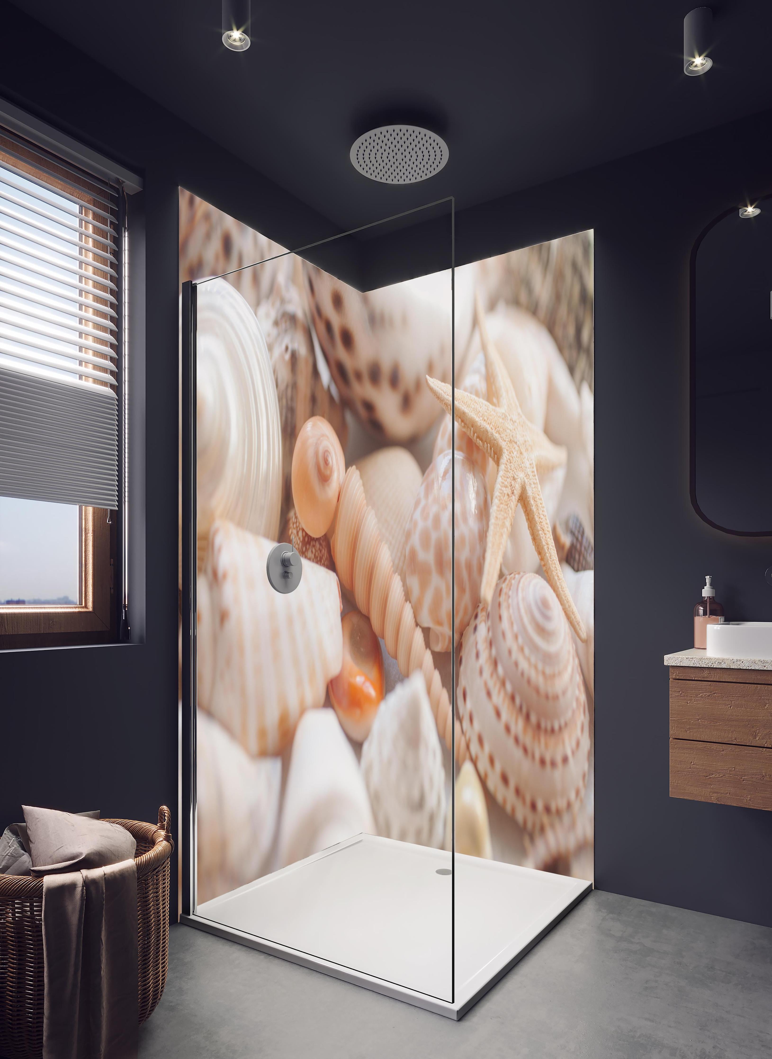 Duschrückwand - Schöne Muschelsammlung in hellem Badezimmer mit Regenduschkopf - zweiteilige Eck-Duschrückwand