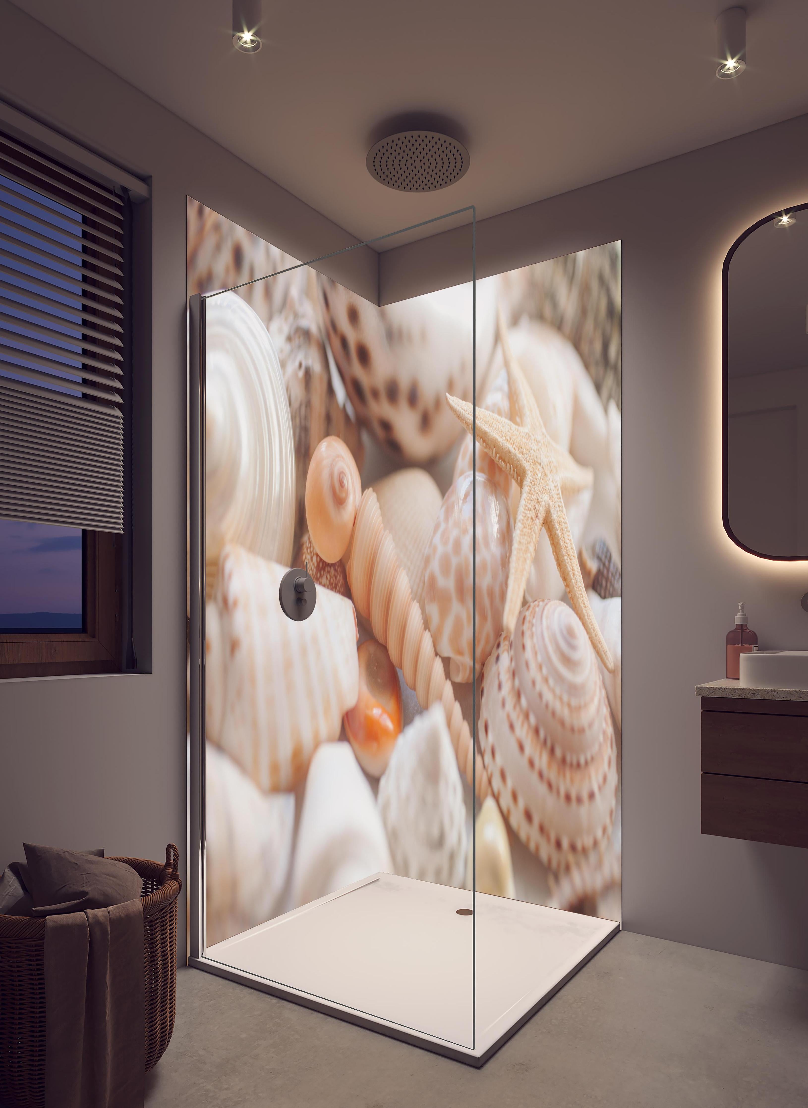 Duschrückwand - Schöne Muschelsammlung in hellem Badezimmer mit Regenduschkopf - zweiteilige Eck-Duschrückwand