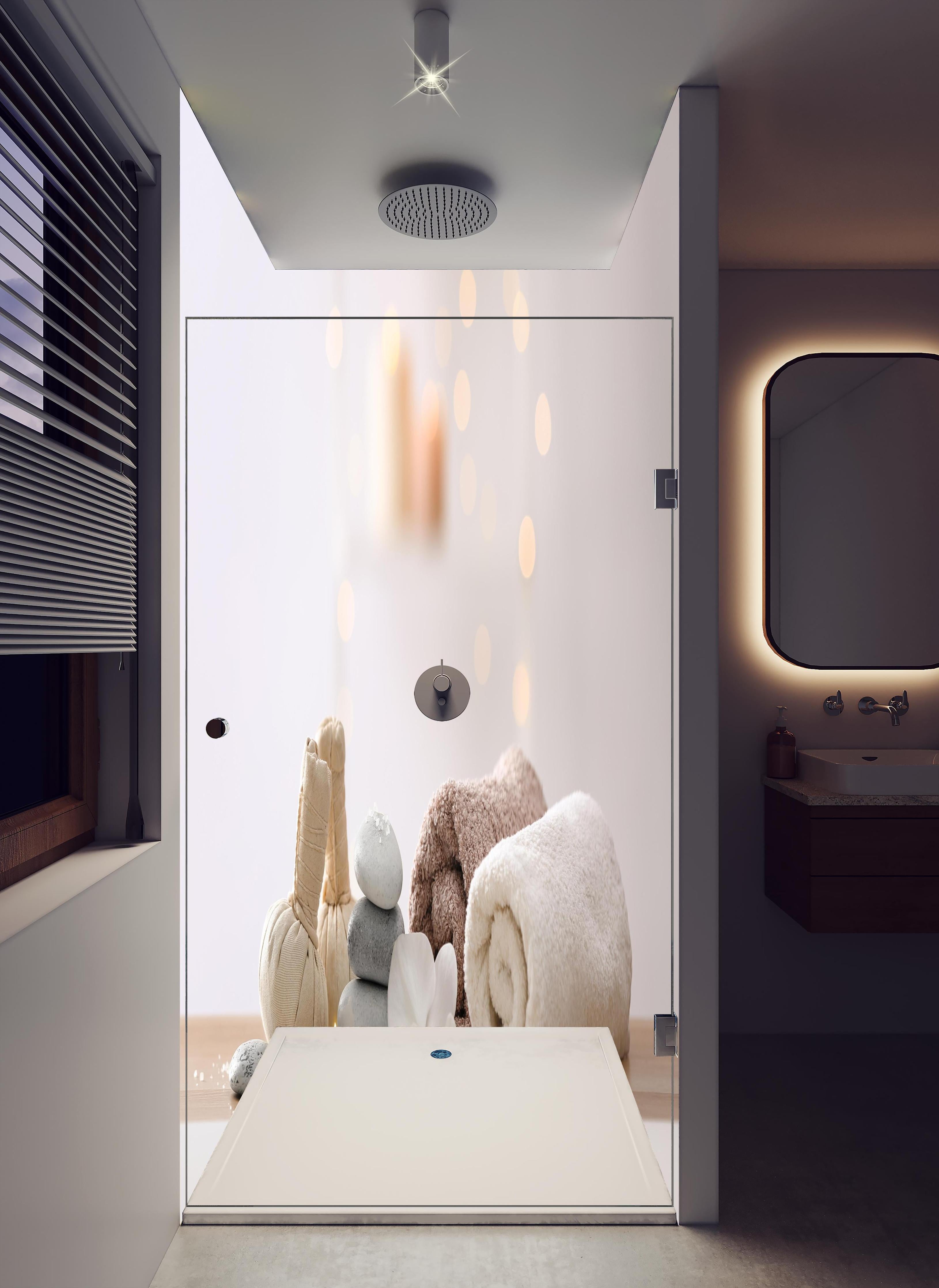 Duschrückwand - Schöne Spa-Komposition auf Tisch in hellem Badezimmer mit Regenduschkopf - zweiteilige Eck-Duschrückwand