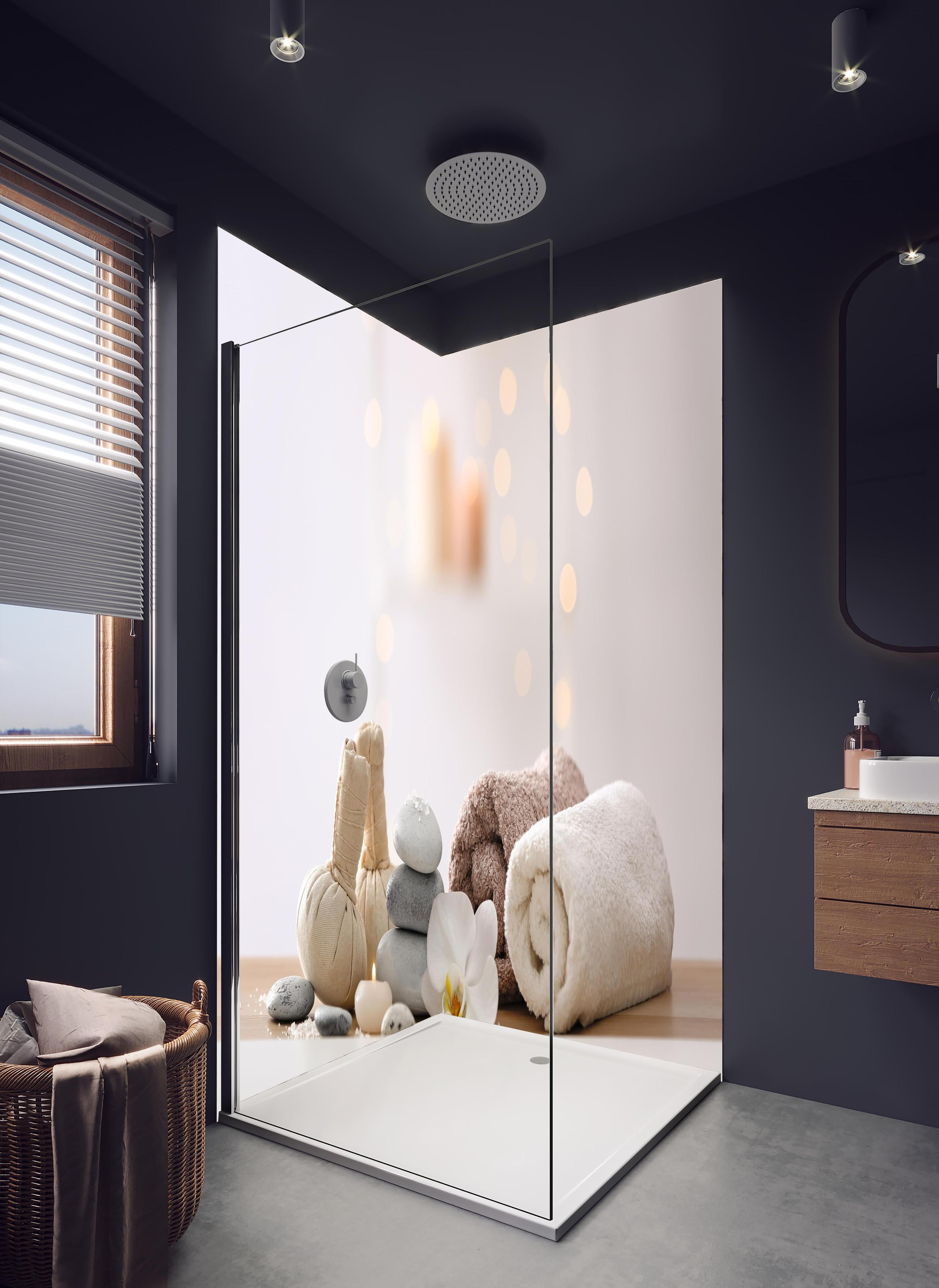 Duschrückwand - Schöne Spa-Komposition auf Tisch in hellem Badezimmer mit Regenduschkopf - zweiteilige Eck-Duschrückwand