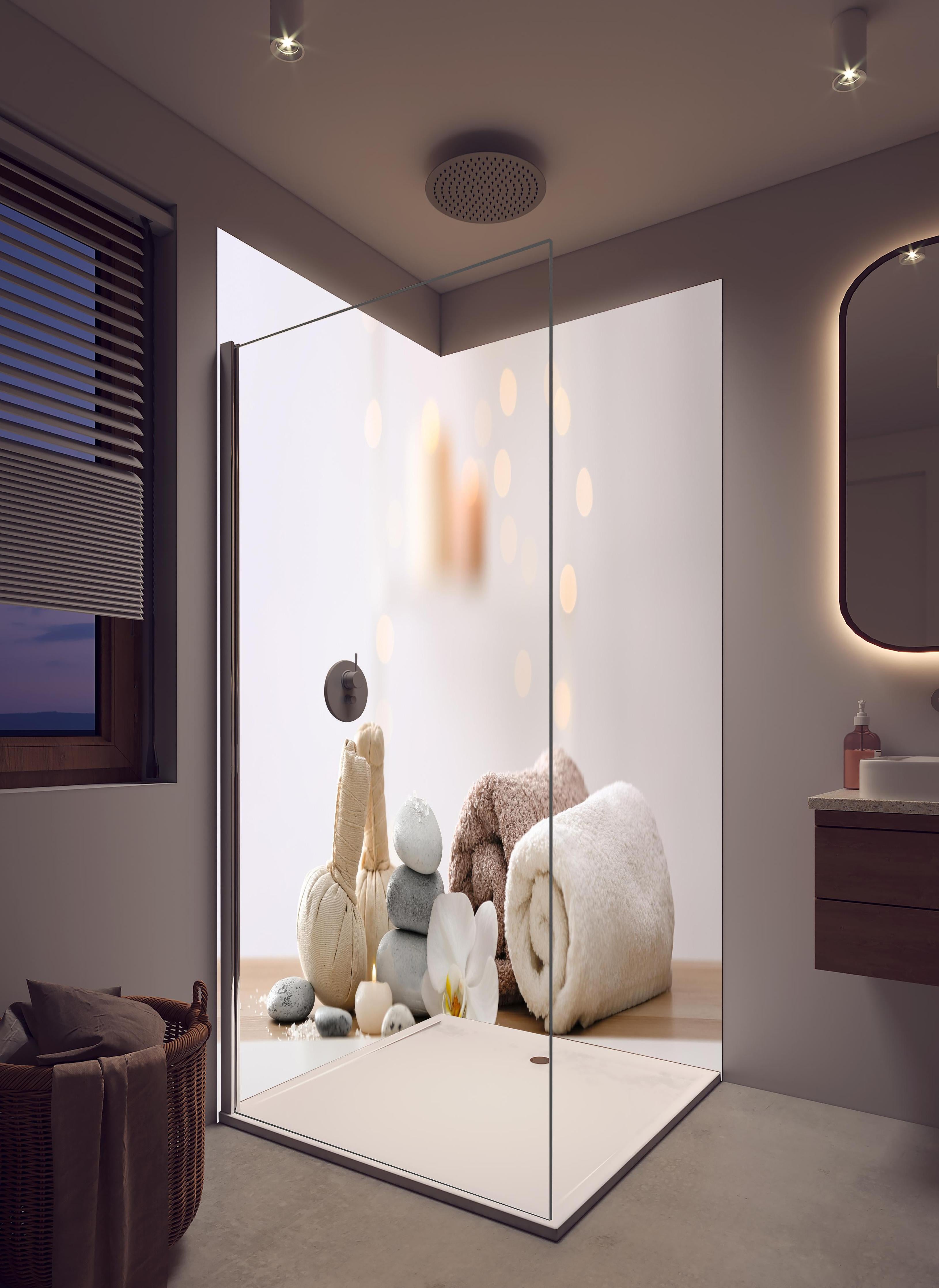 Duschrückwand - Schöne Spa-Komposition auf Tisch in hellem Badezimmer mit Regenduschkopf - zweiteilige Eck-Duschrückwand