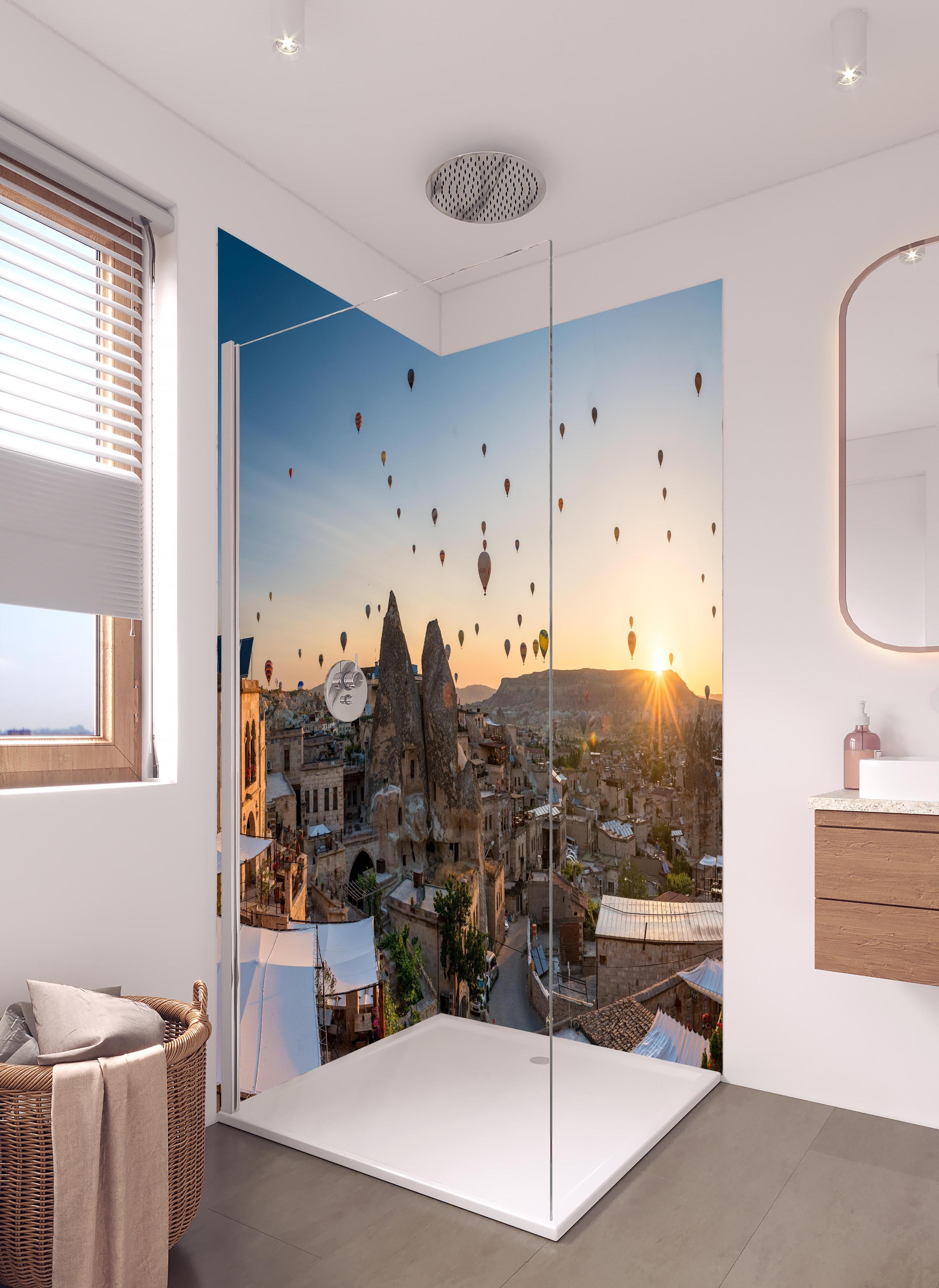 Duschrückwand - Schöner Sonnenaufgang - Kappadokien, Türkei in hellem Badezimmer mit Regenduschkopf - zweiteilige Eck-Duschrückwand