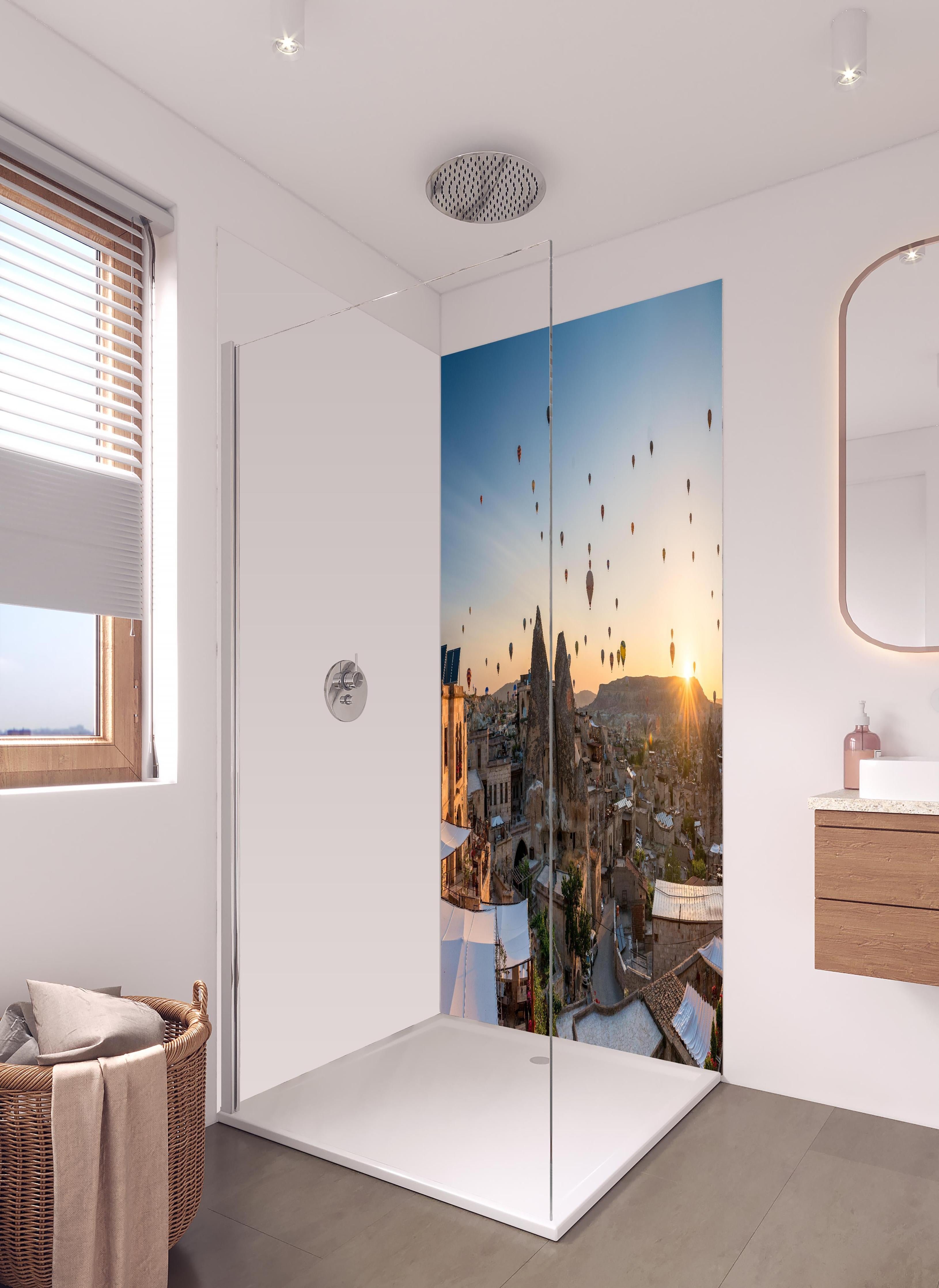 Duschrückwand - Schöner Sonnenaufgang - Kappadokien, Türkei in hellem Badezimmer mit Regenduschkopf - zweiteilige Eck-Duschrückwand