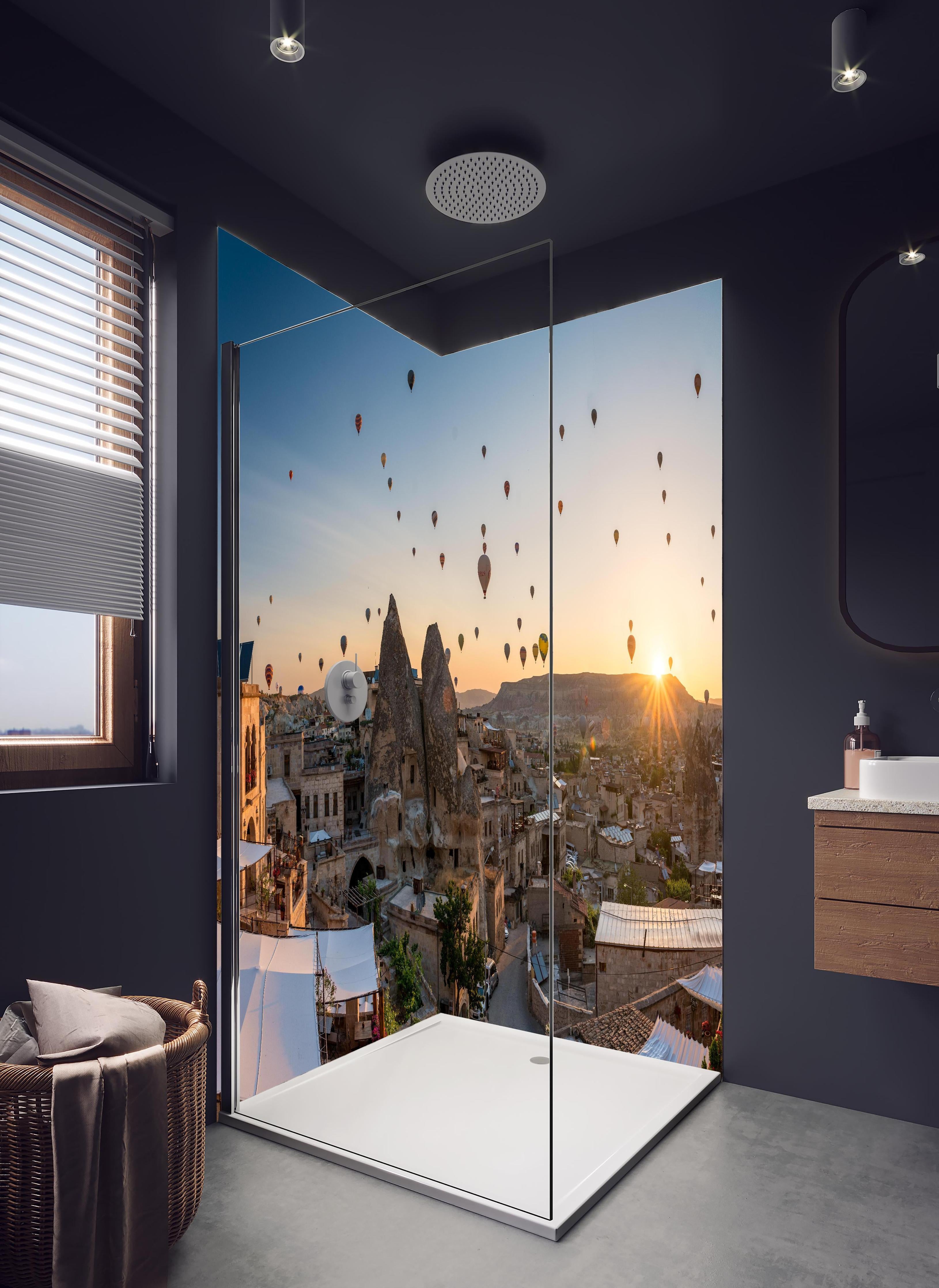 Duschrückwand - Schöner Sonnenaufgang - Kappadokien, Türkei in hellem Badezimmer mit Regenduschkopf - zweiteilige Eck-Duschrückwand