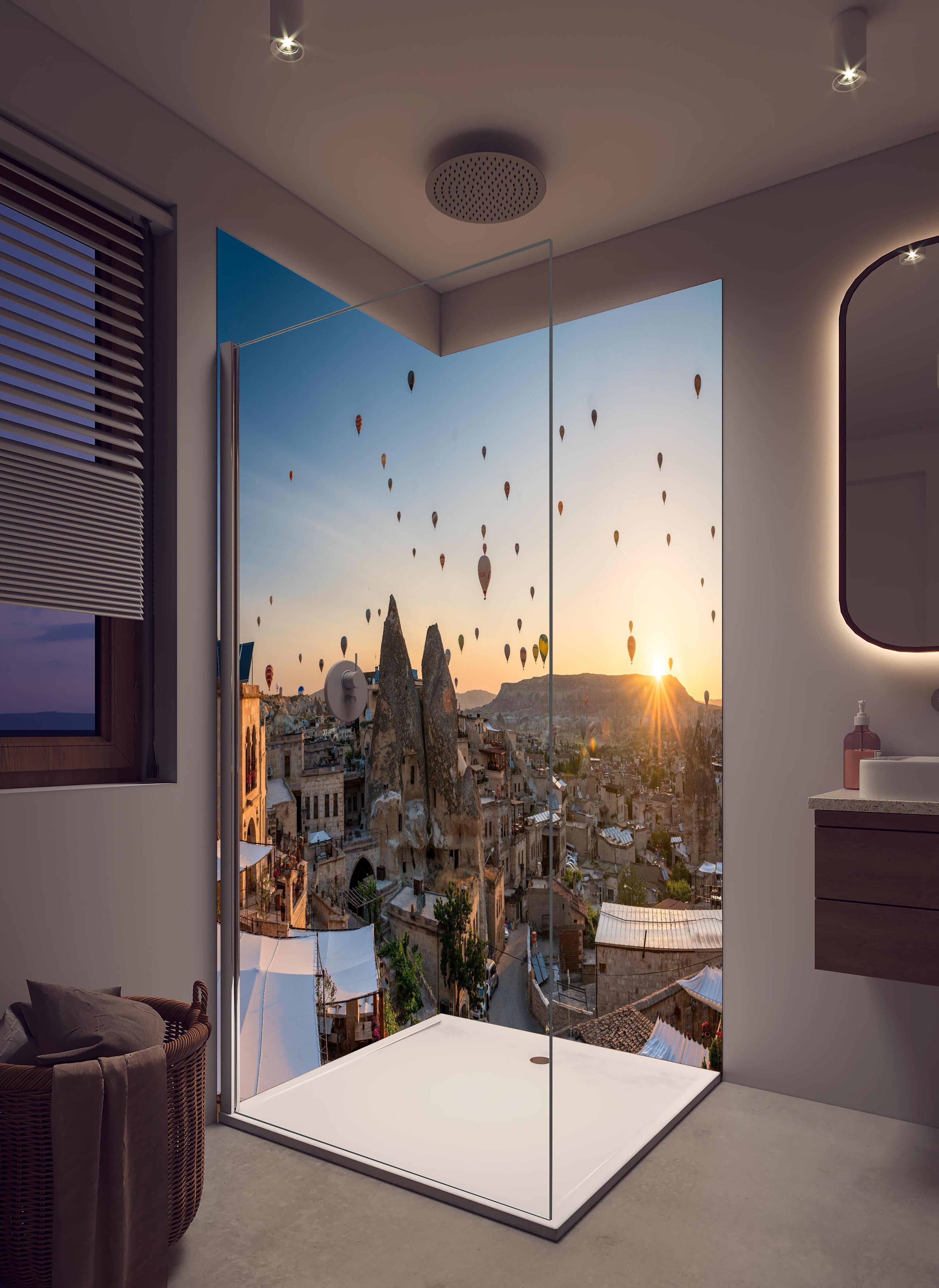 Duschrückwand - Schöner Sonnenaufgang - Kappadokien, Türkei in hellem Badezimmer mit Regenduschkopf - zweiteilige Eck-Duschrückwand