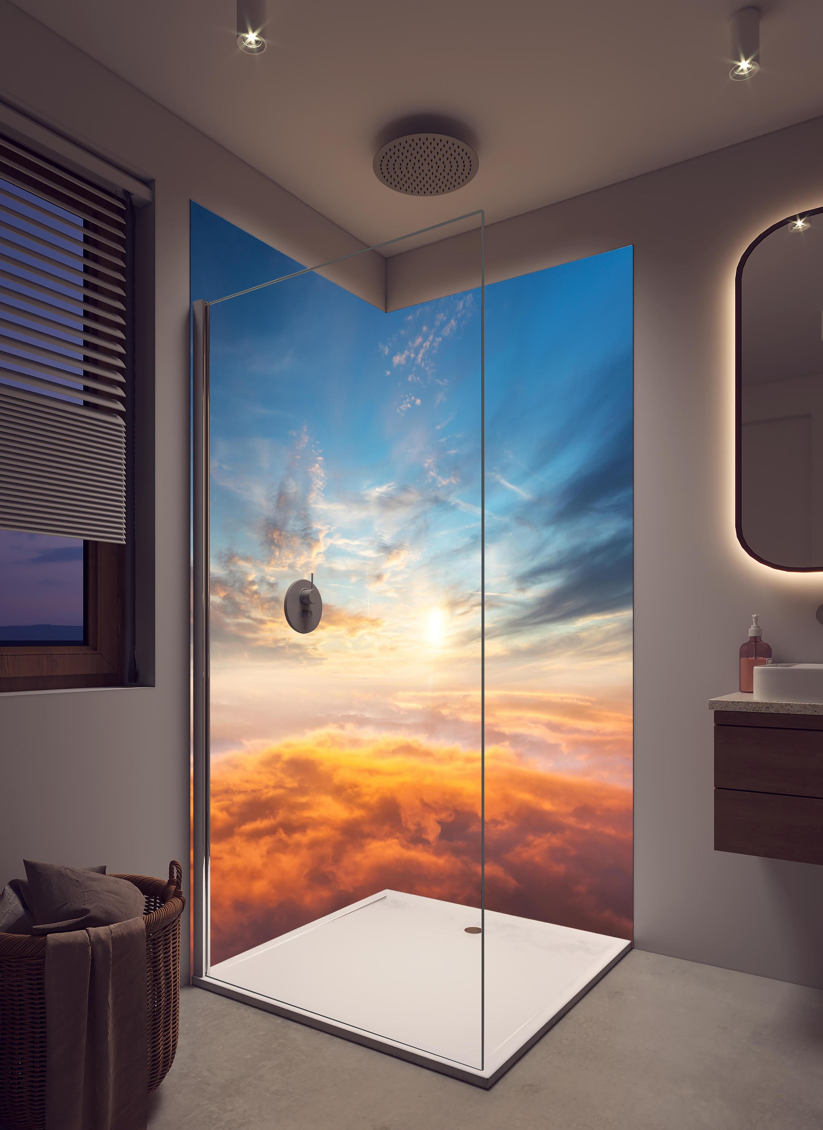 Duschrückwand - Schöner Sonnenuntergang über den Wolken in hellem Badezimmer mit Regenduschkopf - zweiteilige Eck-Duschrückwand