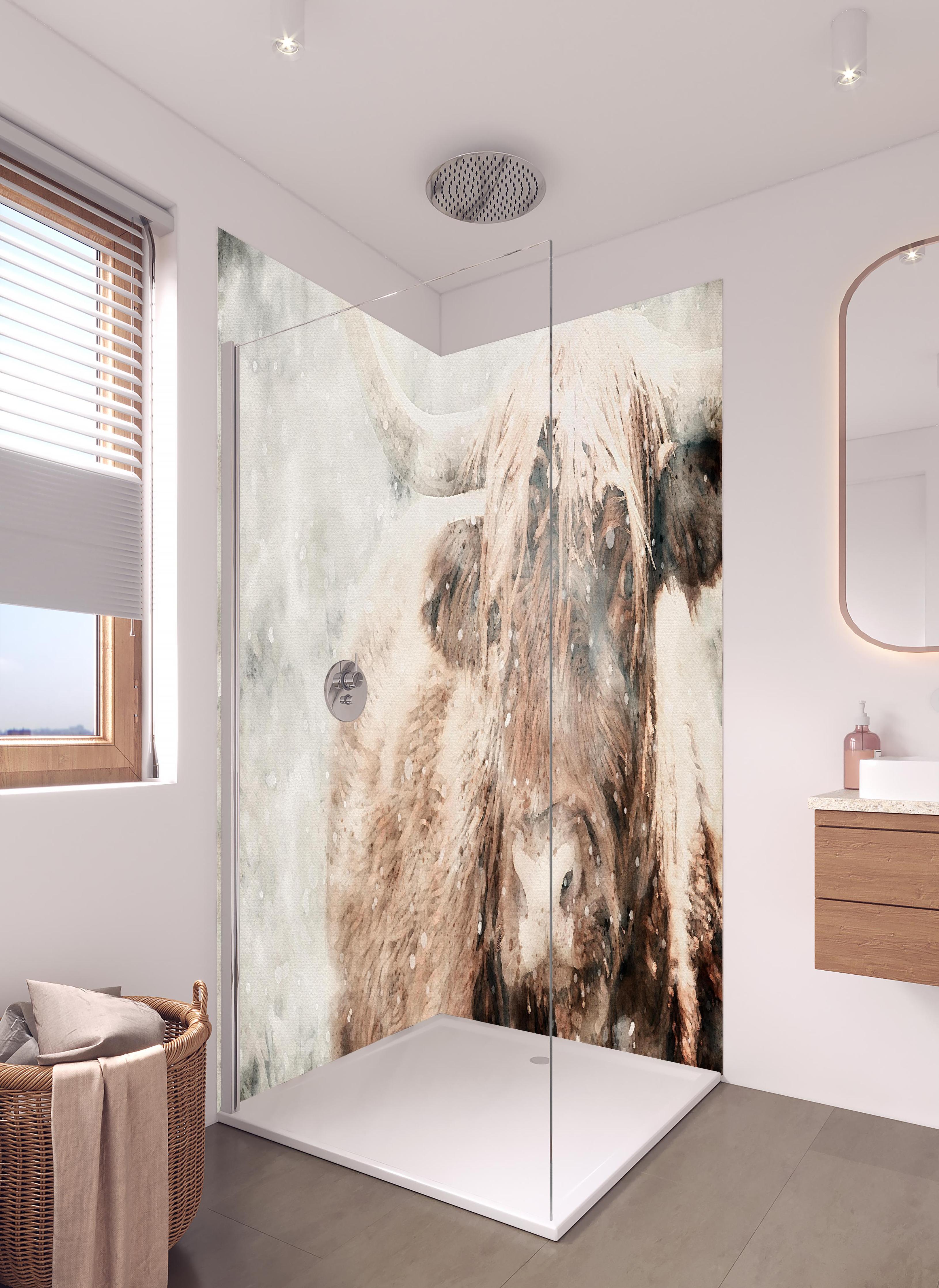 Duschrückwand - Schottisches Hochlandrind bei Schnee in hellem Badezimmer mit Regenduschkopf - zweiteilige Eck-Duschrückwand