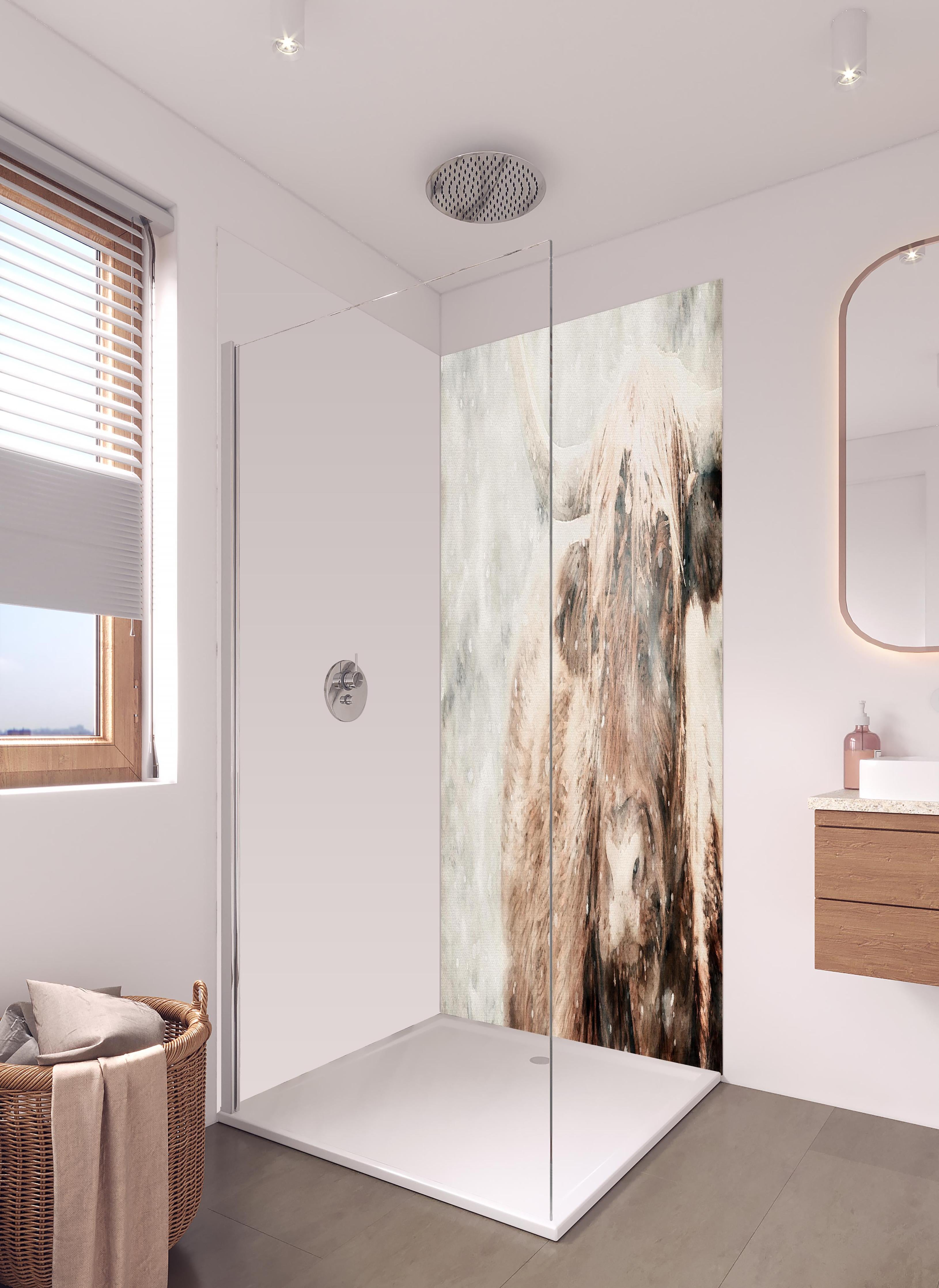 Duschrückwand - Schottisches Hochlandrind bei Schnee in hellem Badezimmer mit Regenduschkopf - zweiteilige Eck-Duschrückwand