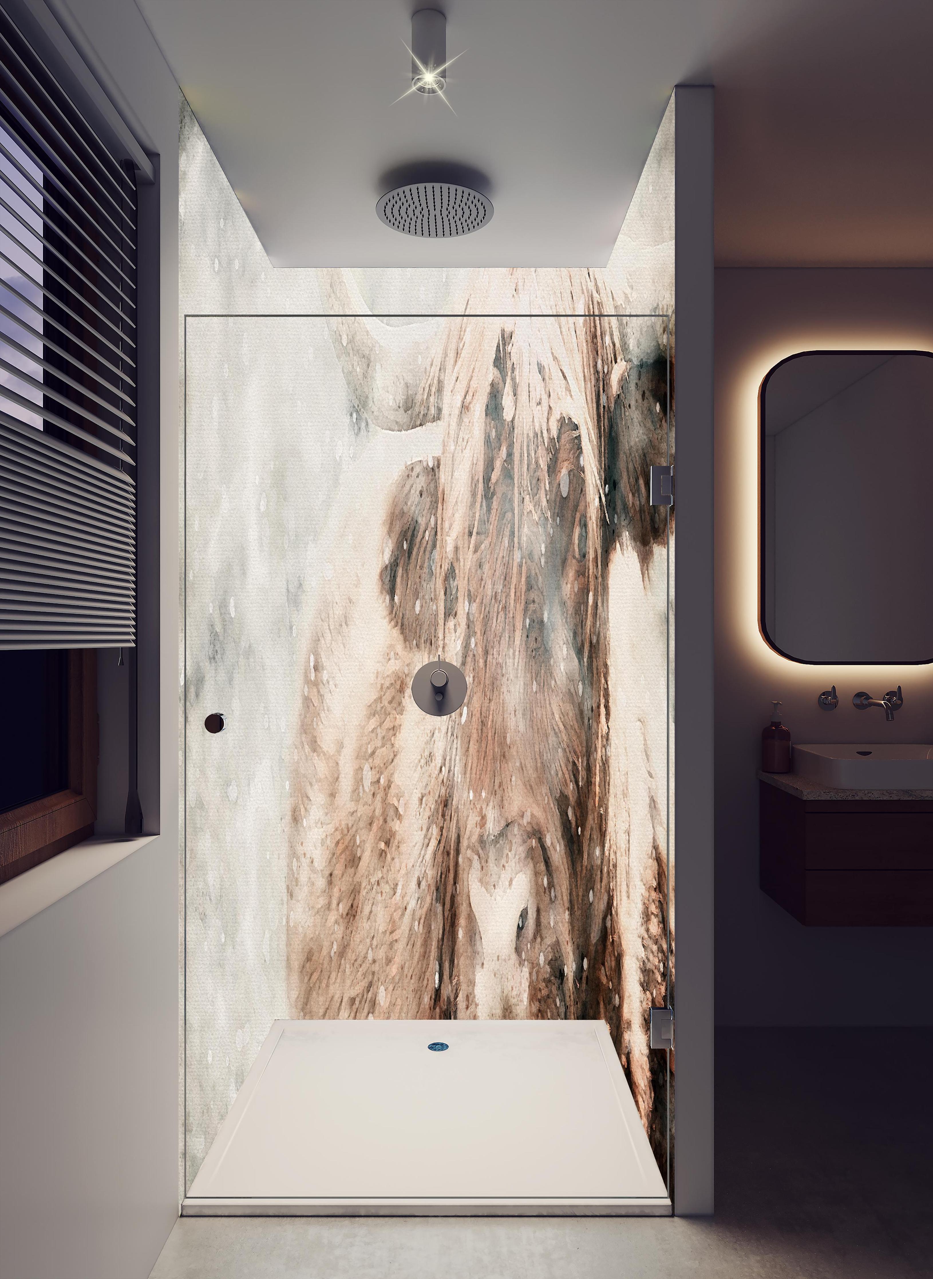 Duschrückwand - Schottisches Hochlandrind bei Schnee in hellem Badezimmer mit Regenduschkopf - zweiteilige Eck-Duschrückwand