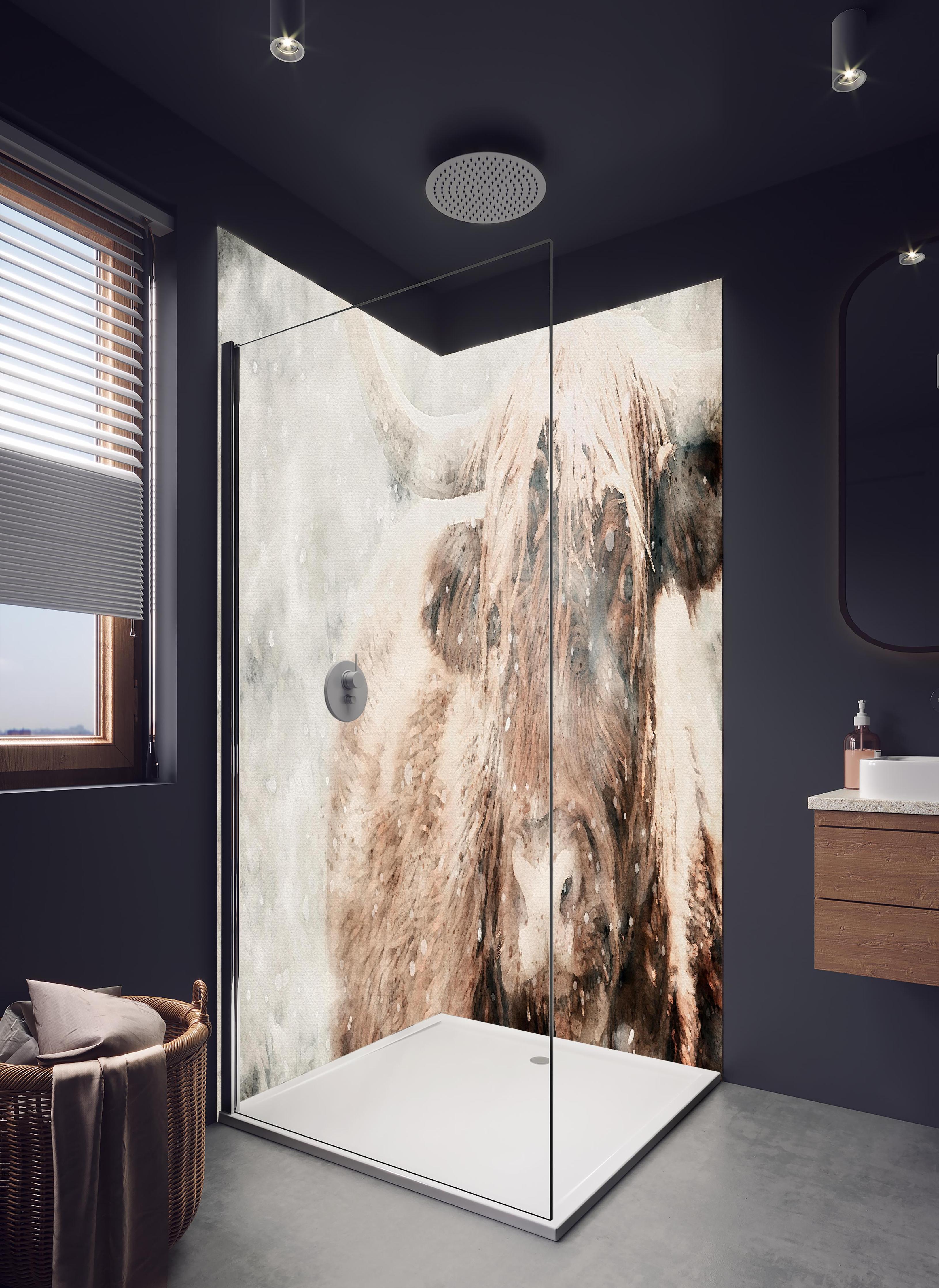 Duschrückwand - Schottisches Hochlandrind bei Schnee in hellem Badezimmer mit Regenduschkopf - zweiteilige Eck-Duschrückwand