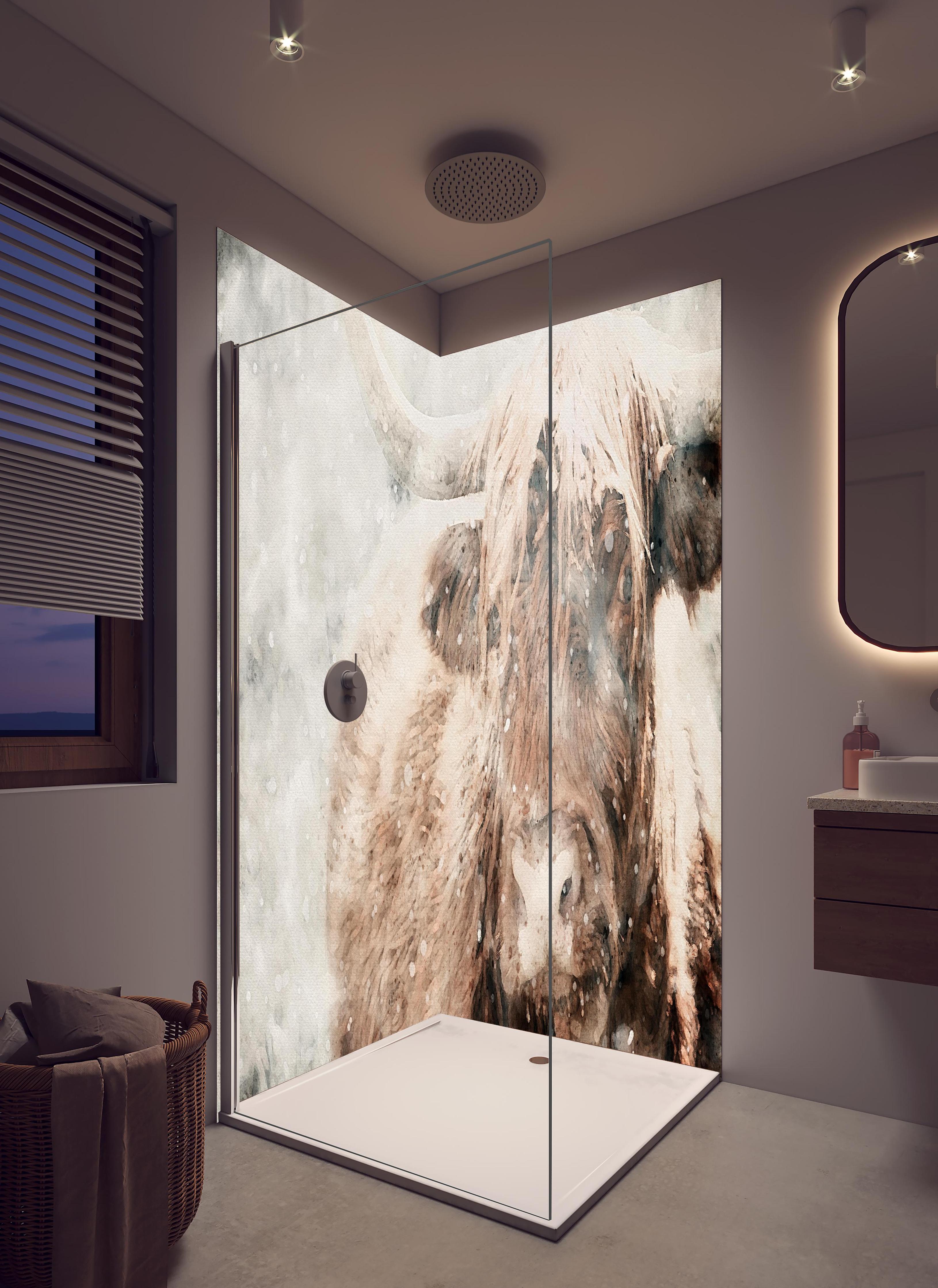 Duschrückwand - Schottisches Hochlandrind bei Schnee in hellem Badezimmer mit Regenduschkopf - zweiteilige Eck-Duschrückwand