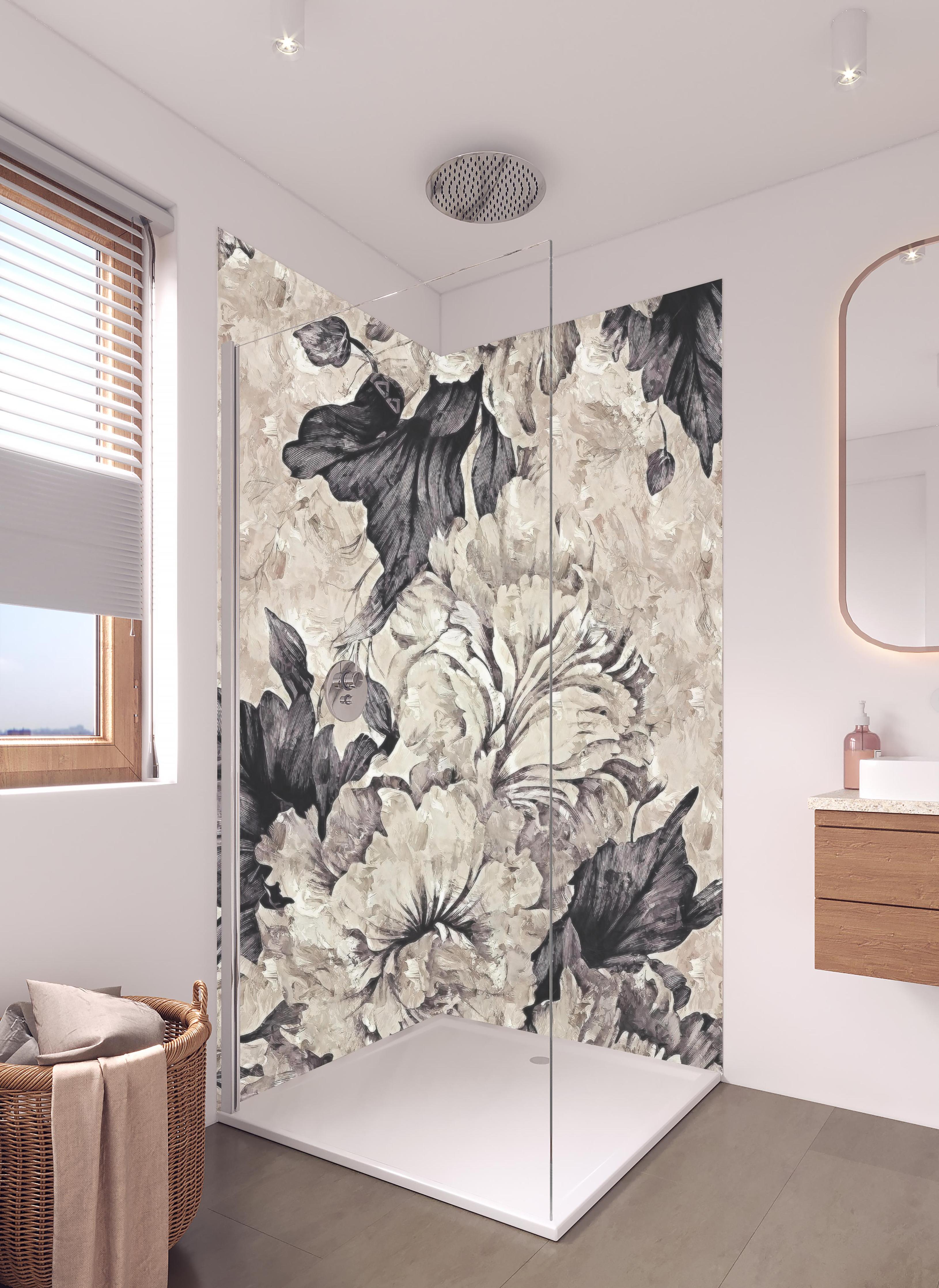 Duschrückwand - Schwarz - weißes Pflanzen Gemälde 3 in hellem Badezimmer mit Regenduschkopf - zweiteilige Eck-Duschrückwand