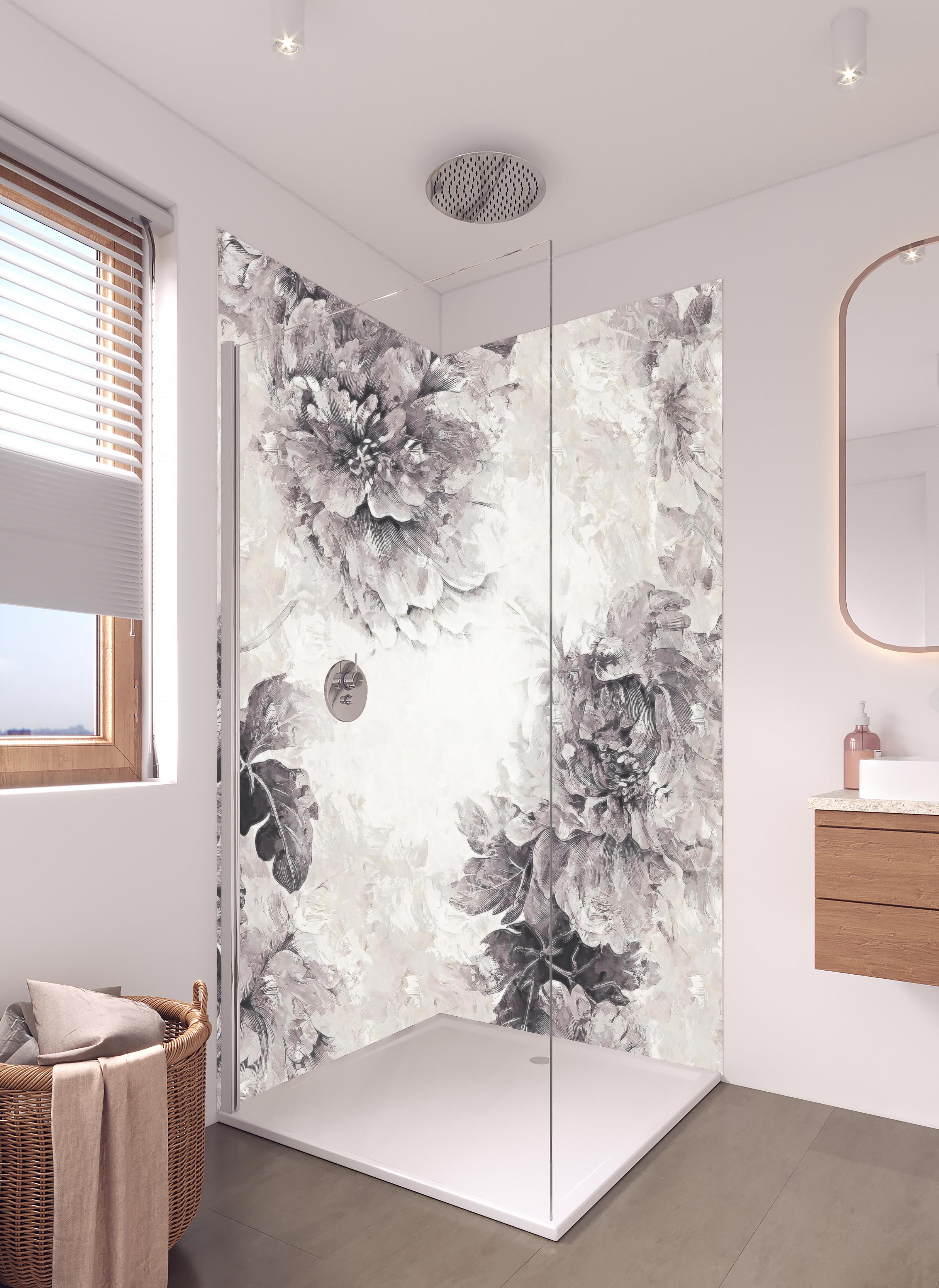 Duschrückwand - Schwarz - weißes Pflanzen Gemälde in hellem Badezimmer mit Regenduschkopf - zweiteilige Eck-Duschrückwand