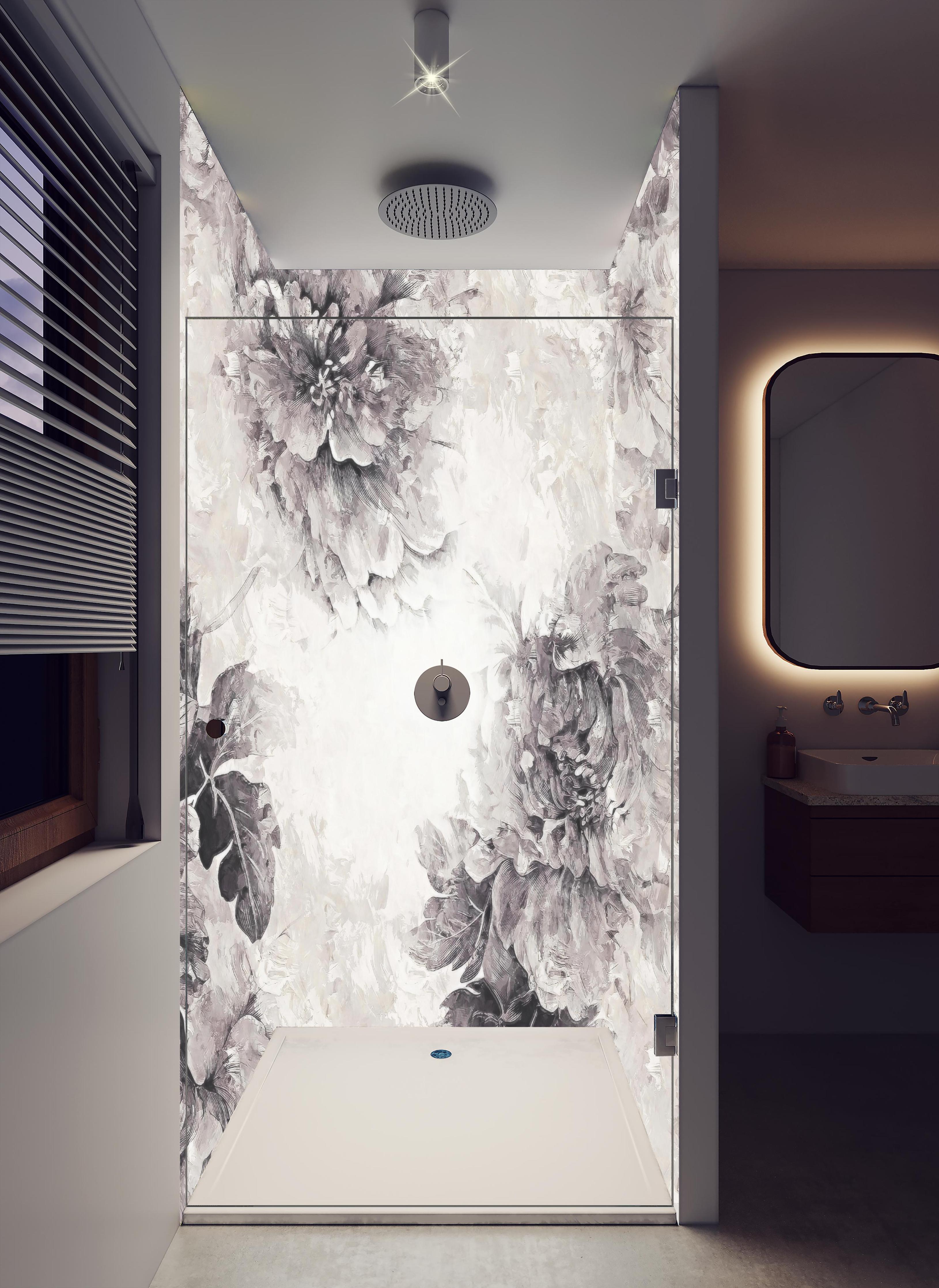 Duschrückwand - Schwarz - weißes Pflanzen Gemälde in hellem Badezimmer mit Regenduschkopf - zweiteilige Eck-Duschrückwand