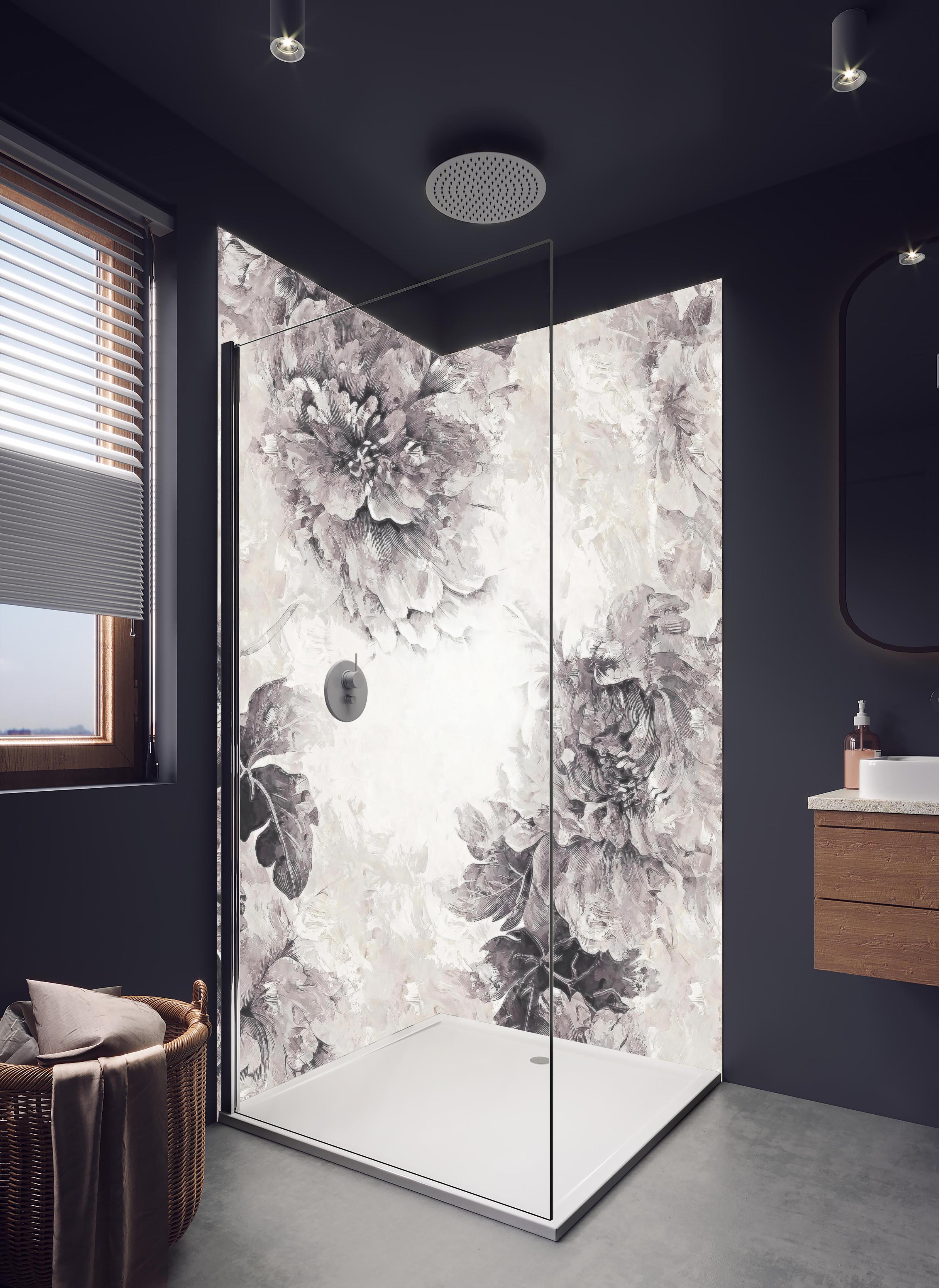 Duschrückwand - Schwarz - weißes Pflanzen Gemälde in hellem Badezimmer mit Regenduschkopf - zweiteilige Eck-Duschrückwand