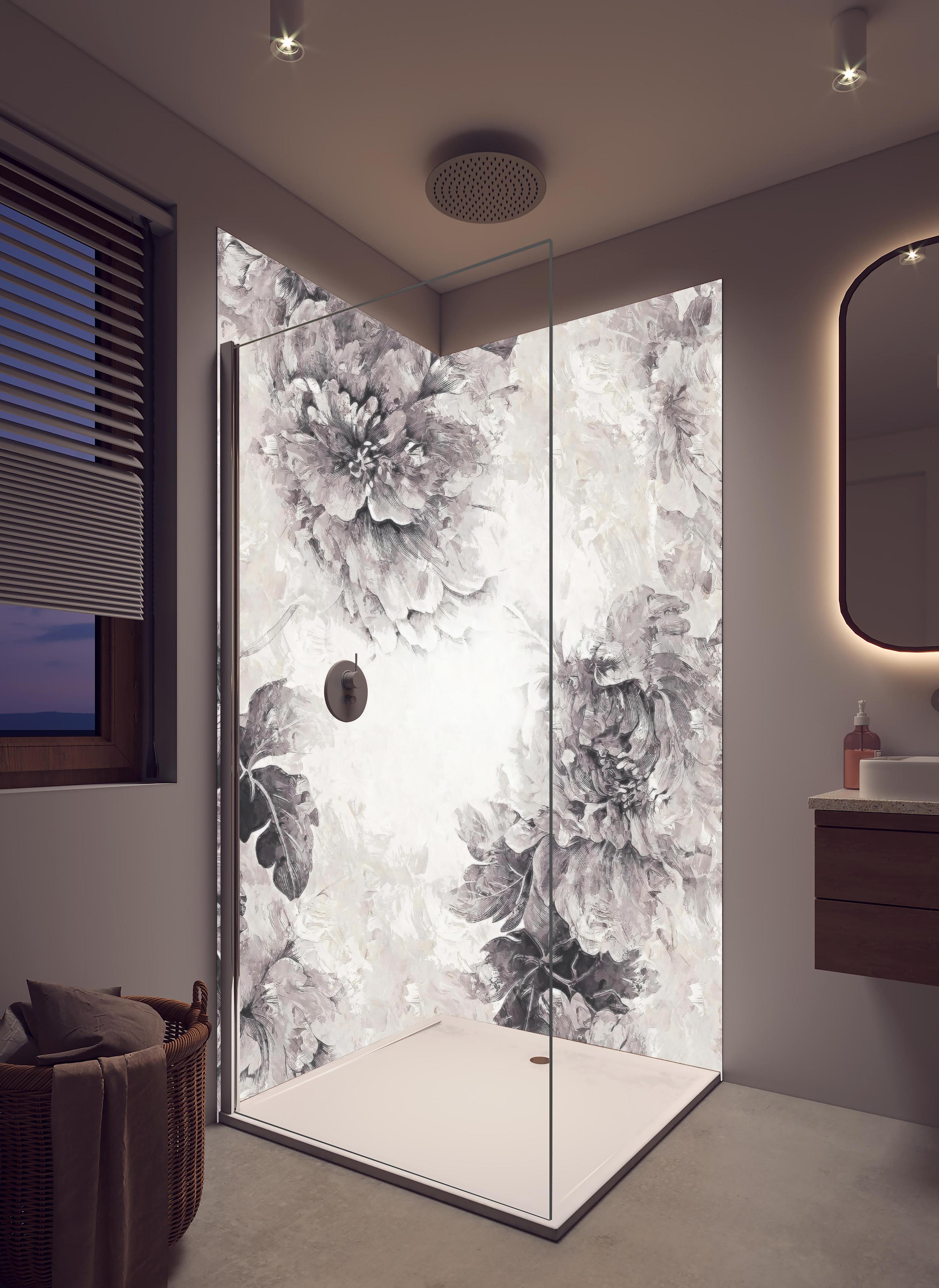 Duschrückwand - Schwarz - weißes Pflanzen Gemälde in hellem Badezimmer mit Regenduschkopf - zweiteilige Eck-Duschrückwand