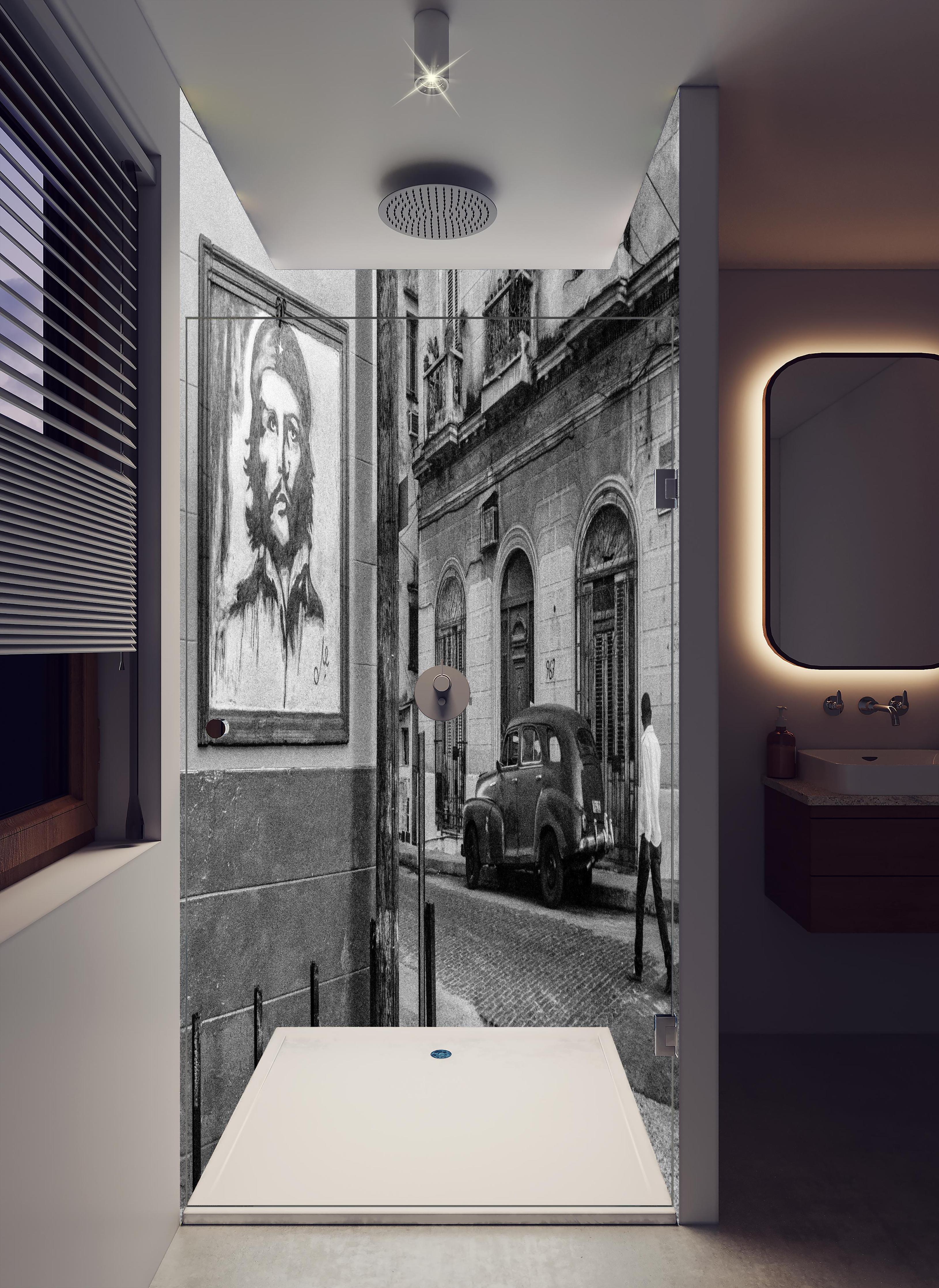 Duschrückwand - Schwarz - weißes Stadtbild in hellem Badezimmer mit Regenduschkopf - zweiteilige Eck-Duschrückwand