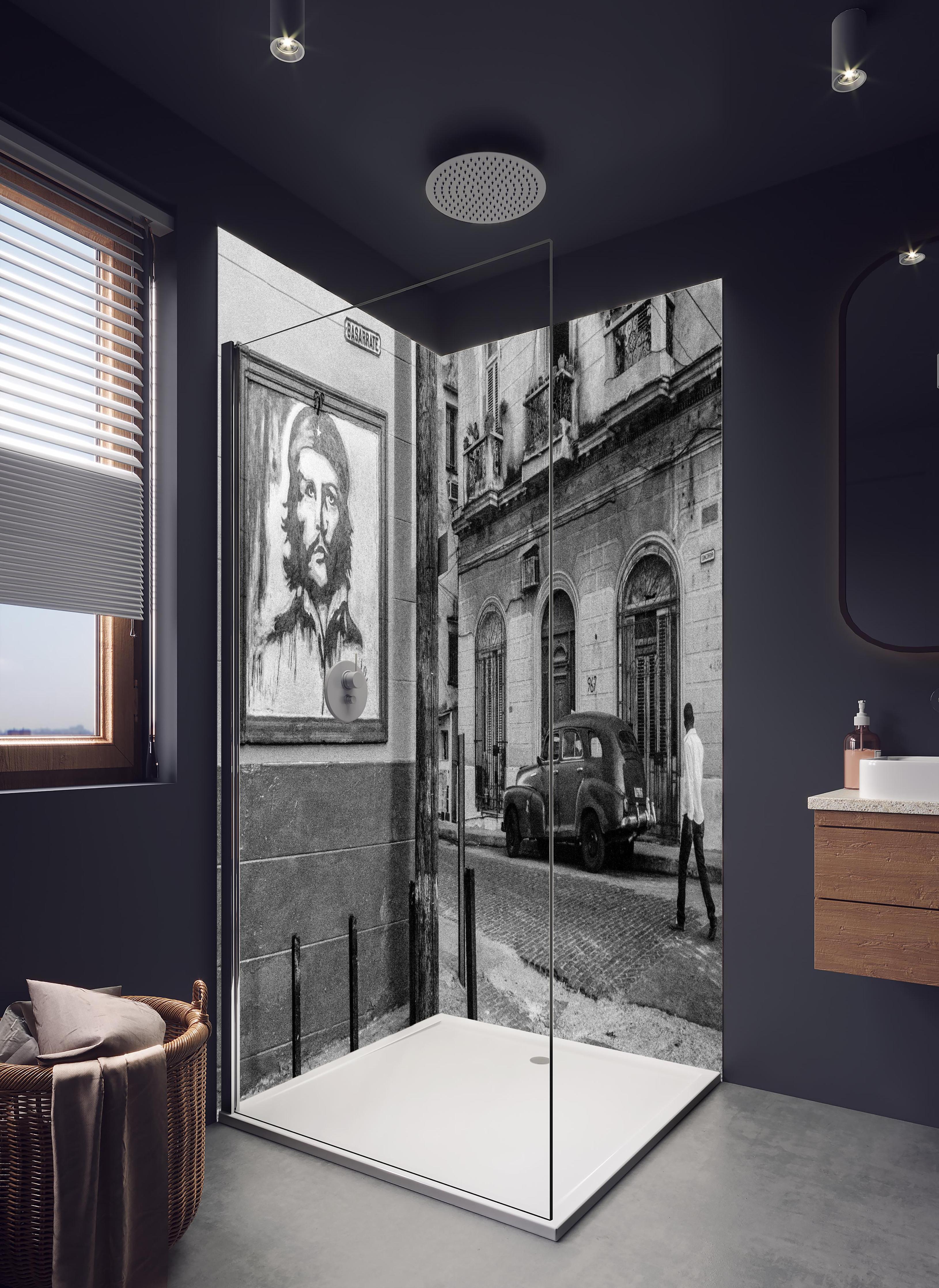 Duschrückwand - Schwarz - weißes Stadtbild in hellem Badezimmer mit Regenduschkopf - zweiteilige Eck-Duschrückwand