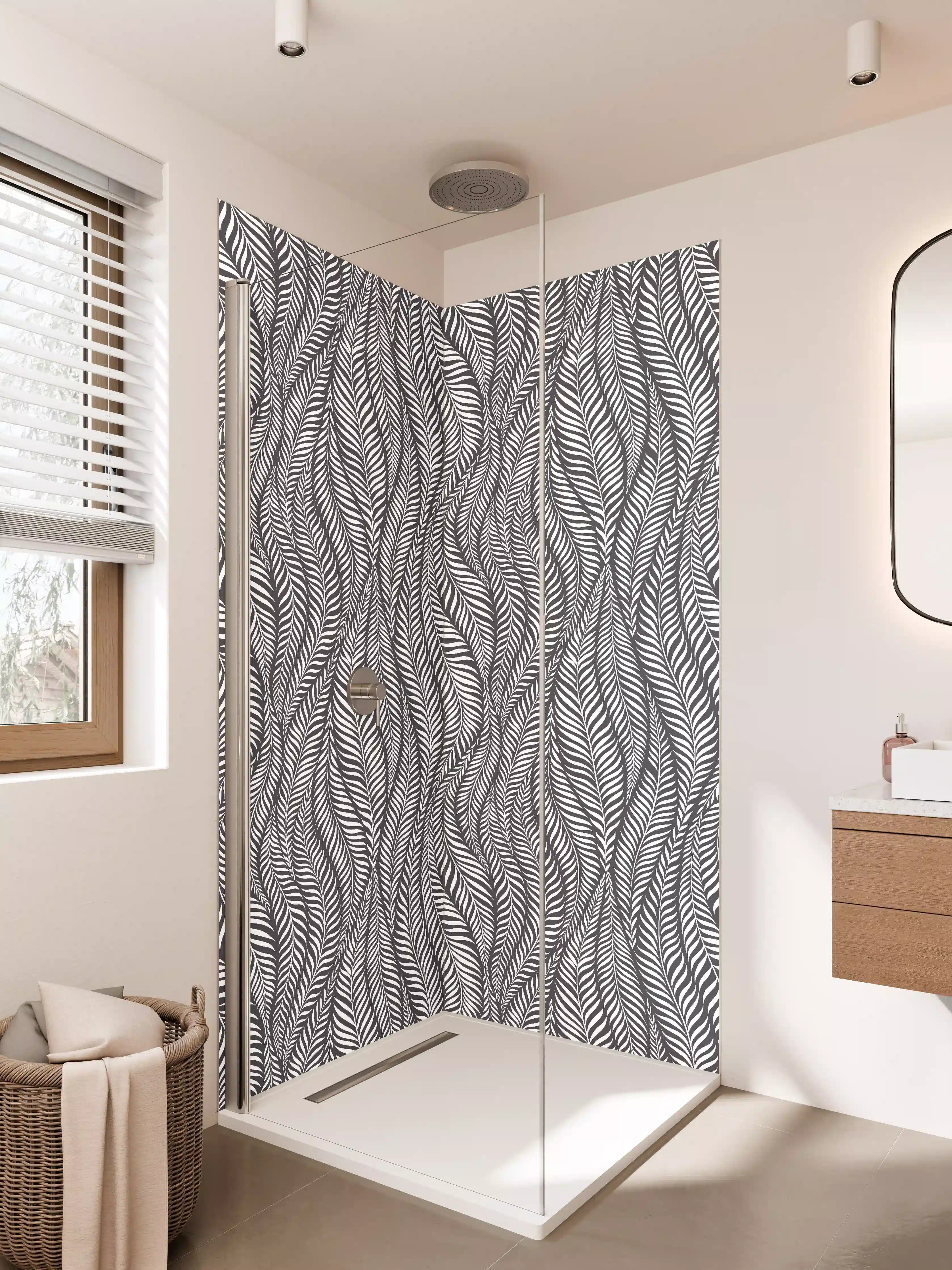 Duschrückwand - Schwarz-Weiß-Blättermuster