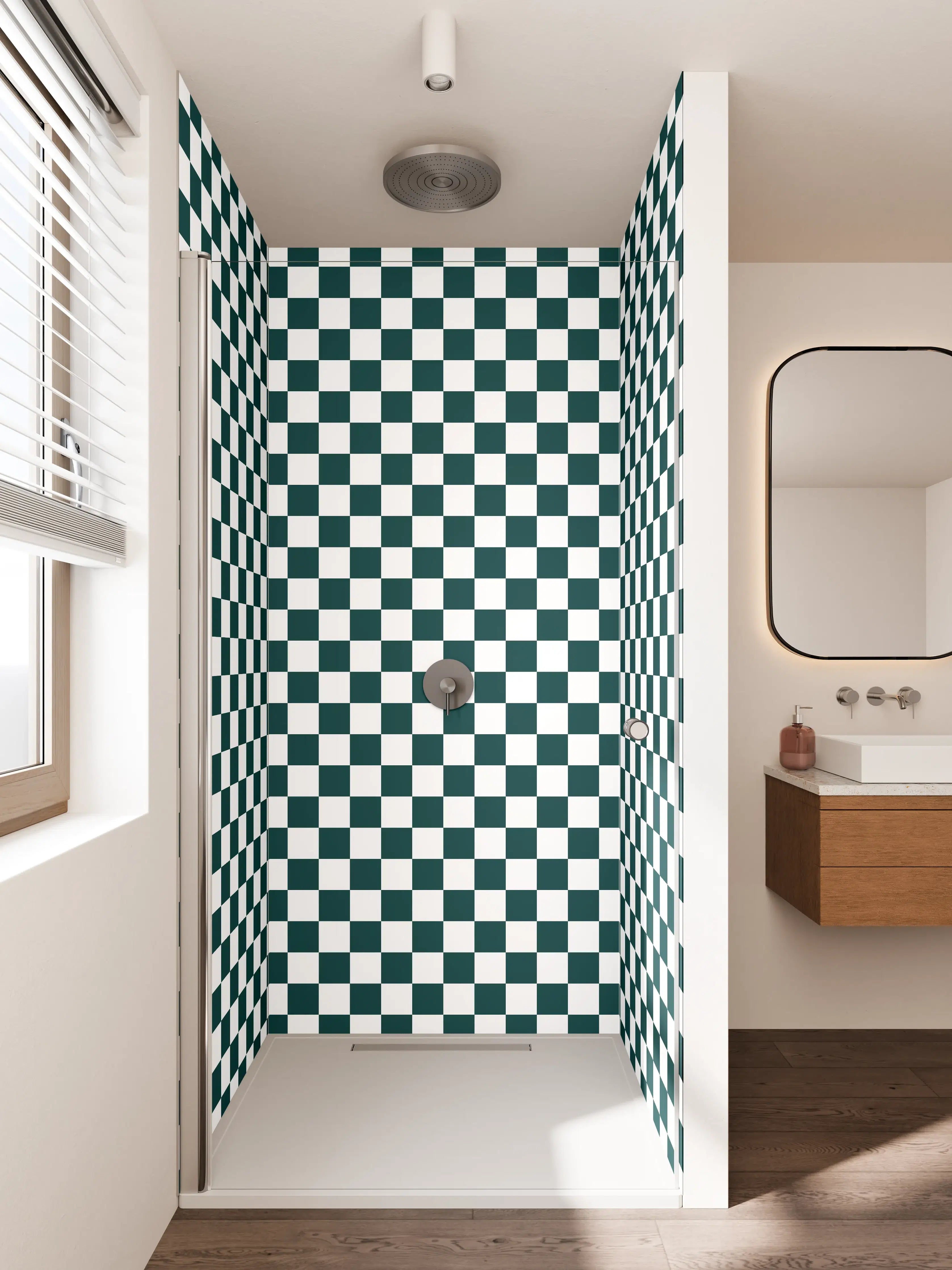 Duschrückwand - Schwarz-Weiß-Karomuster in DDR-Optik