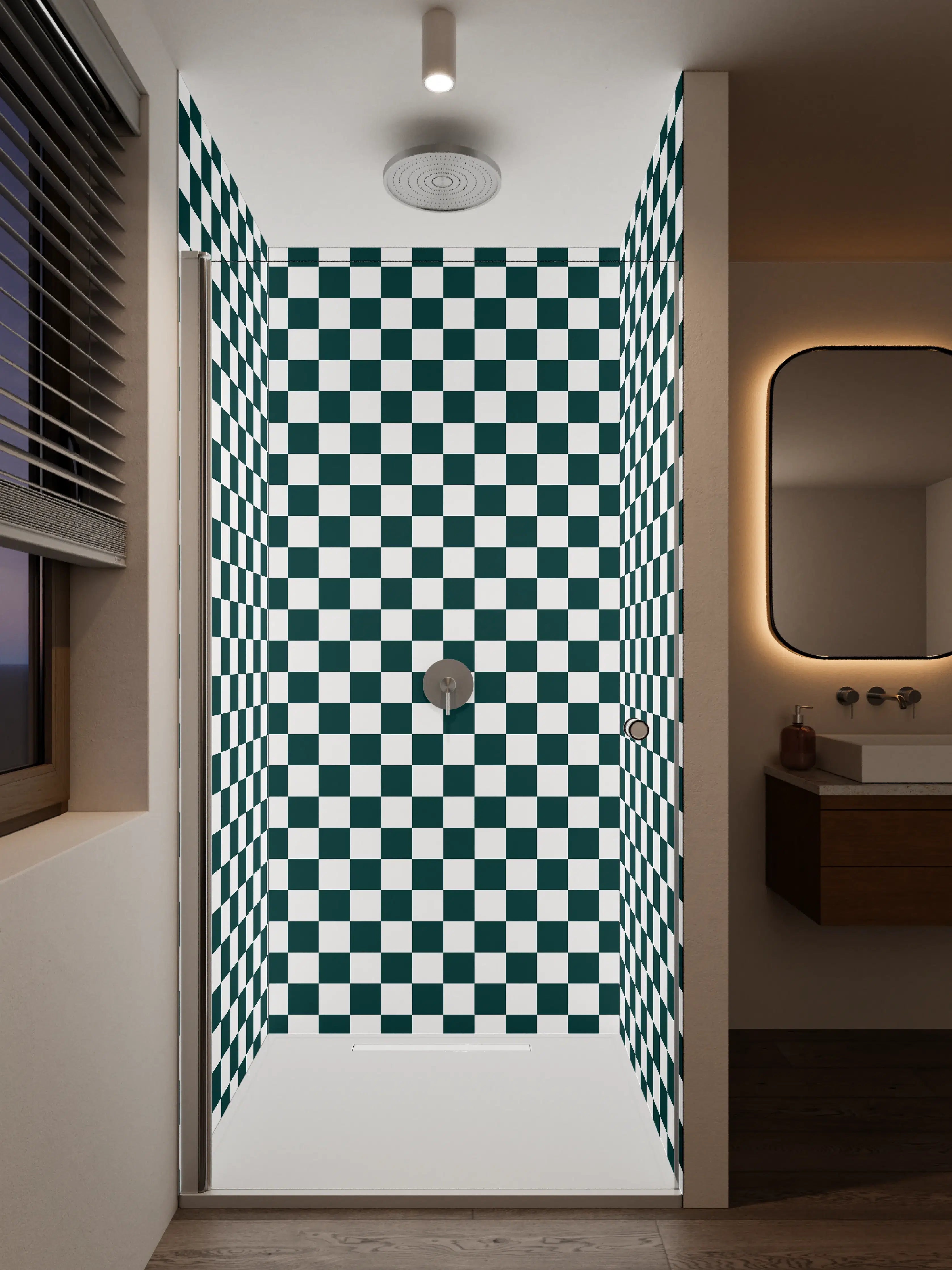 Duschrückwand - Schwarz-Weiß-Karomuster in DDR-Optik