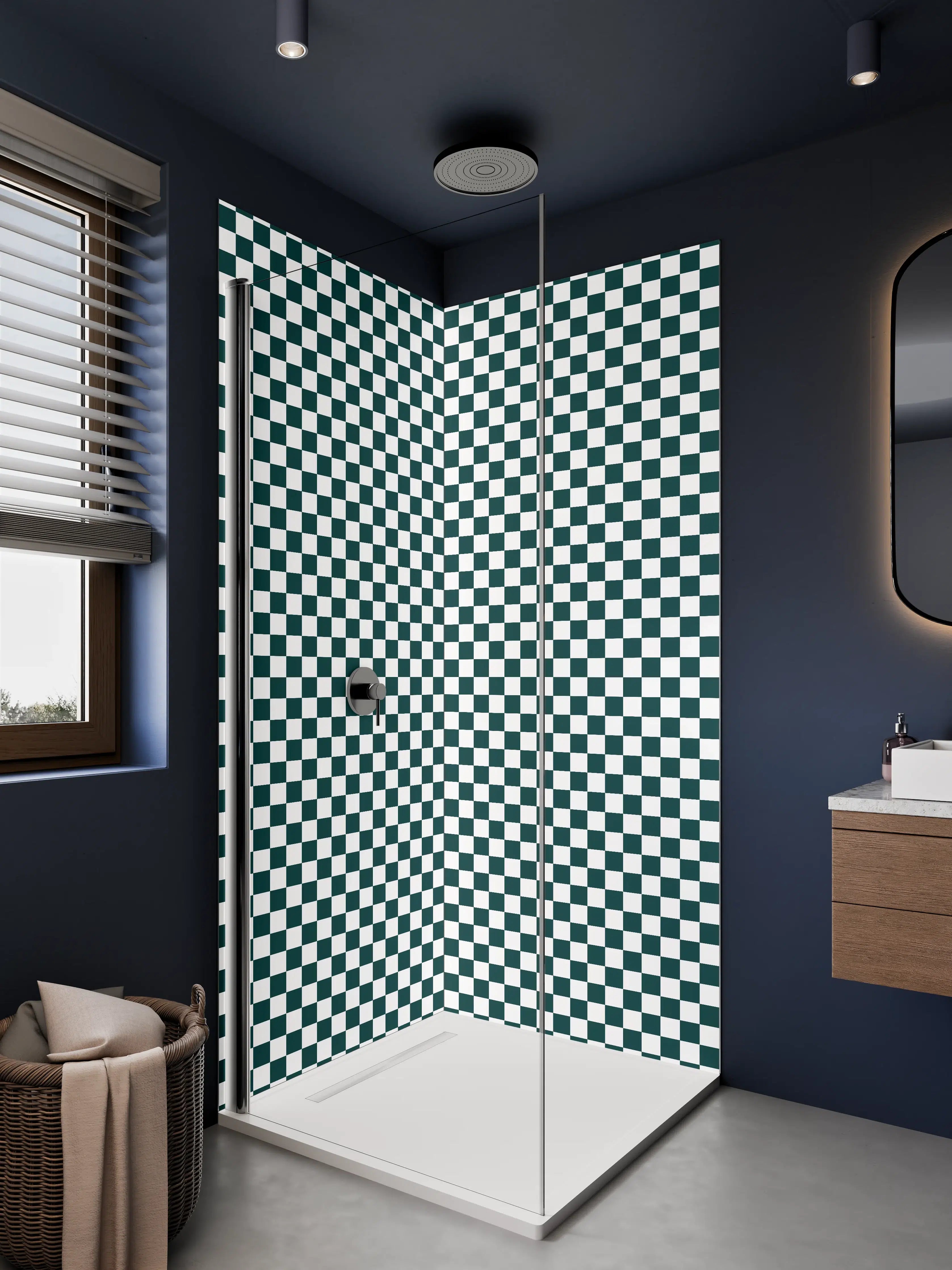 Duschrückwand - Schwarz-Weiß-Karomuster in DDR-Optik