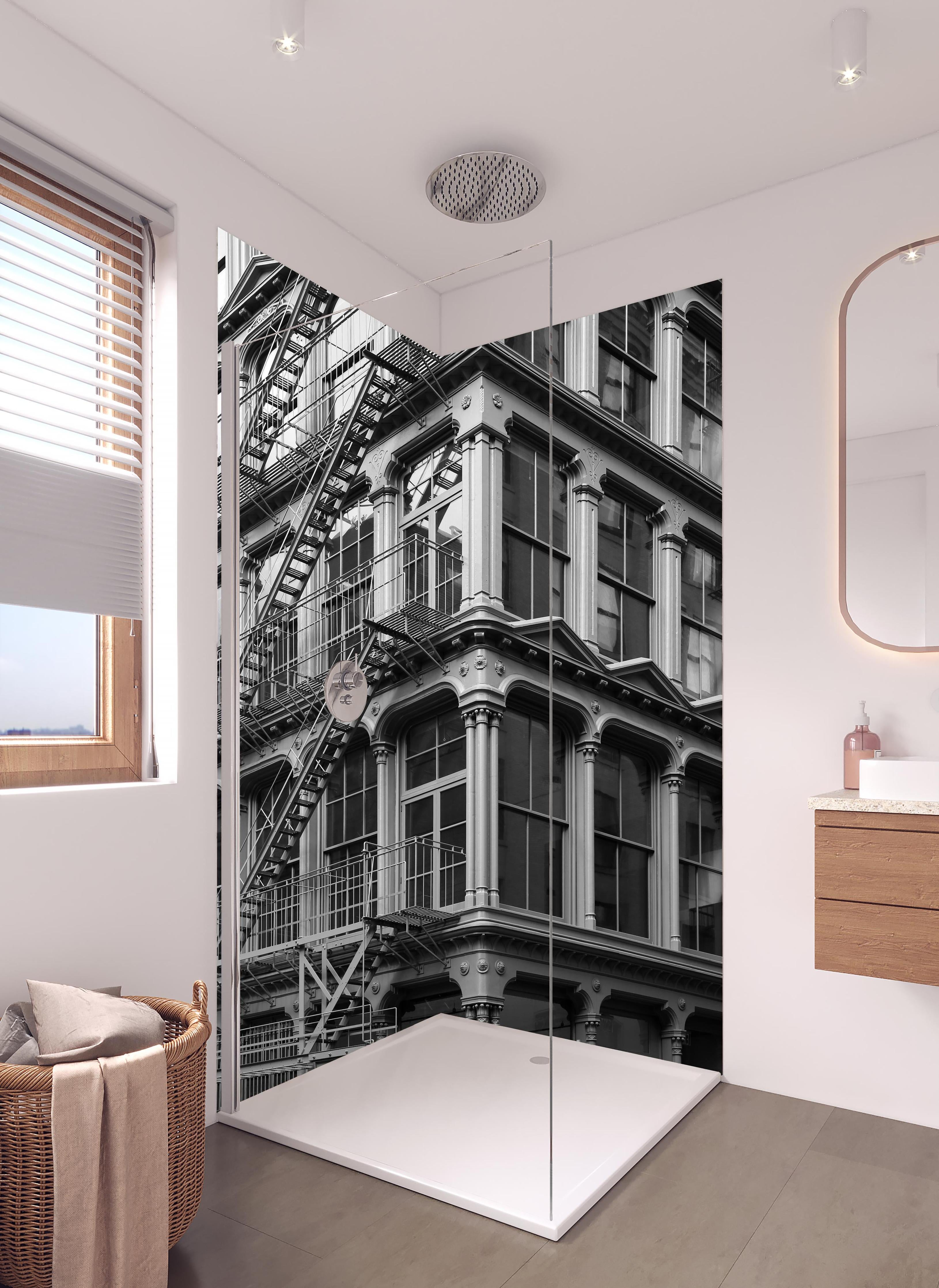 Duschrückwand - Schwarz-weiß Gebäude in hellem Badezimmer mit Regenduschkopf - zweiteilige Eck-Duschrückwand