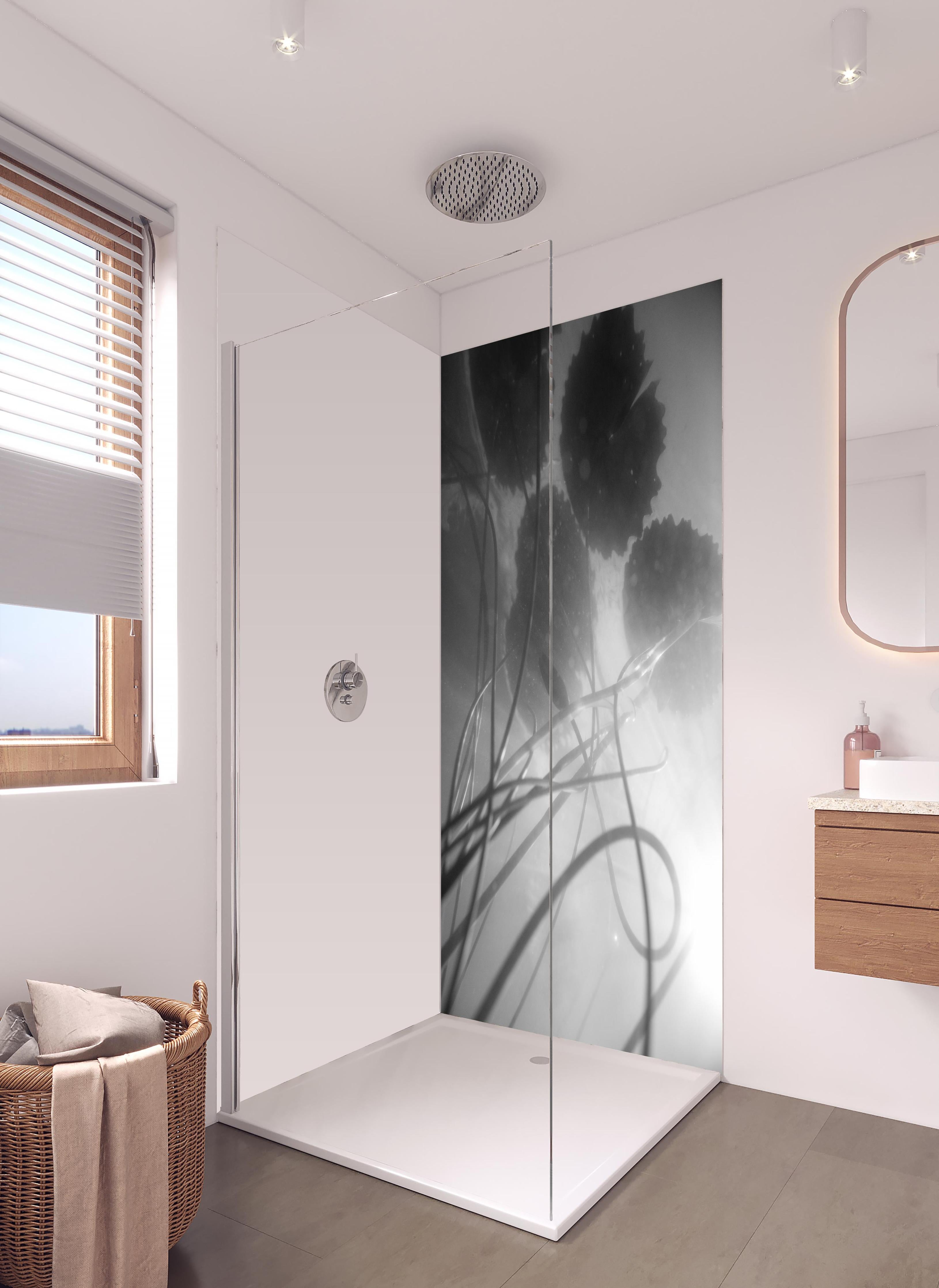 Duschrückwand - Schwarz-weiße Nahaufnahme der Water Lily in hellem Badezimmer mit Regenduschkopf - zweiteilige Eck-Duschrückwand