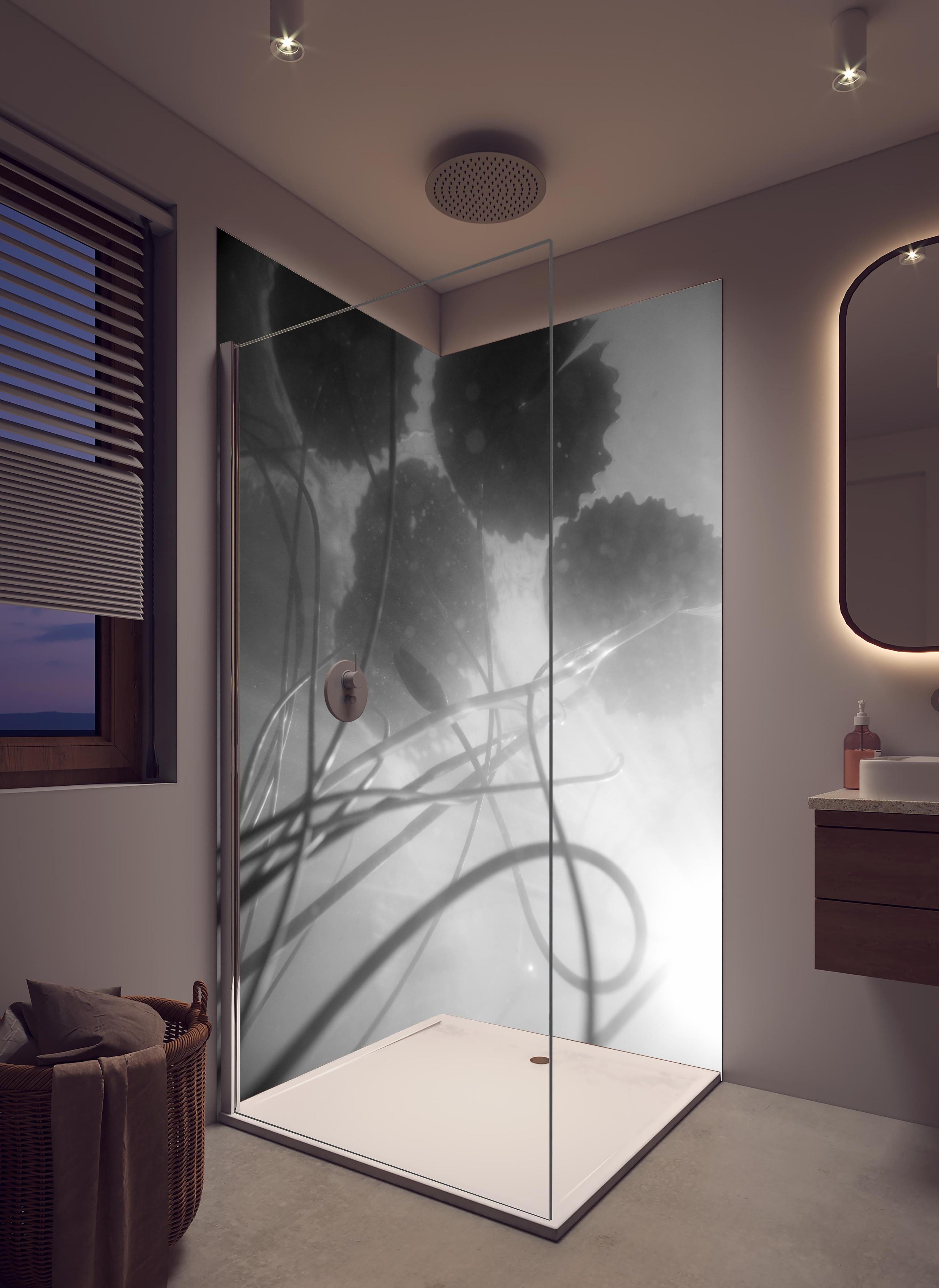 Duschrückwand - Schwarz-weiße Nahaufnahme der Water Lily in hellem Badezimmer mit Regenduschkopf - zweiteilige Eck-Duschrückwand