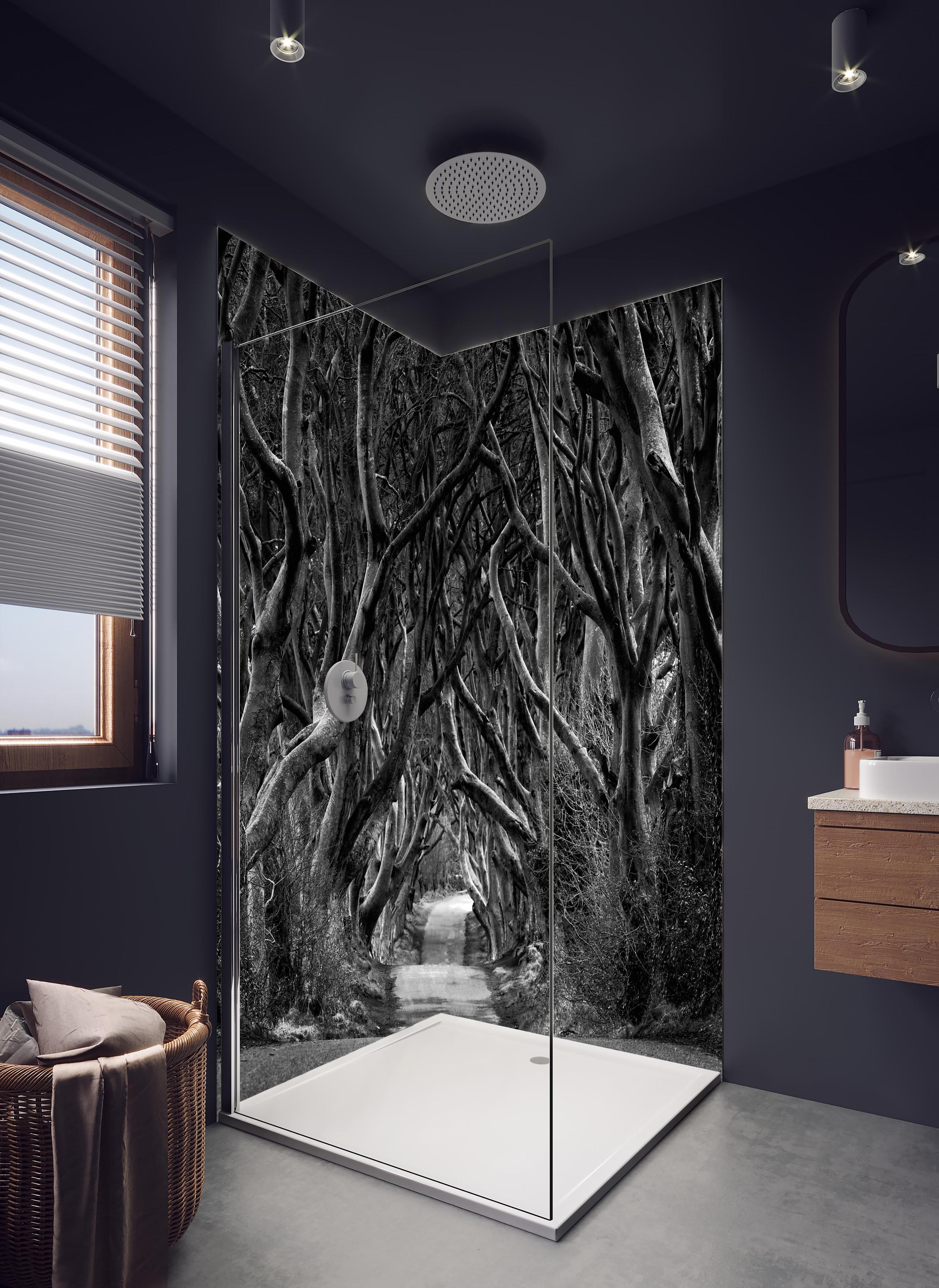 Duschrückwand - Schwarz, weißer Waldweg in hellem Badezimmer mit Regenduschkopf - zweiteilige Eck-Duschrückwand